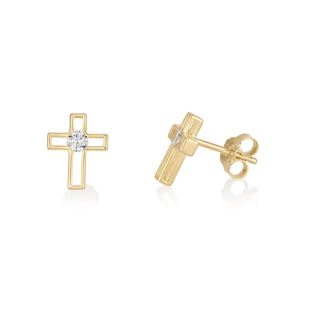 Earrings - Cross 14k Gold Plated with White Zirconia Gemstone Center