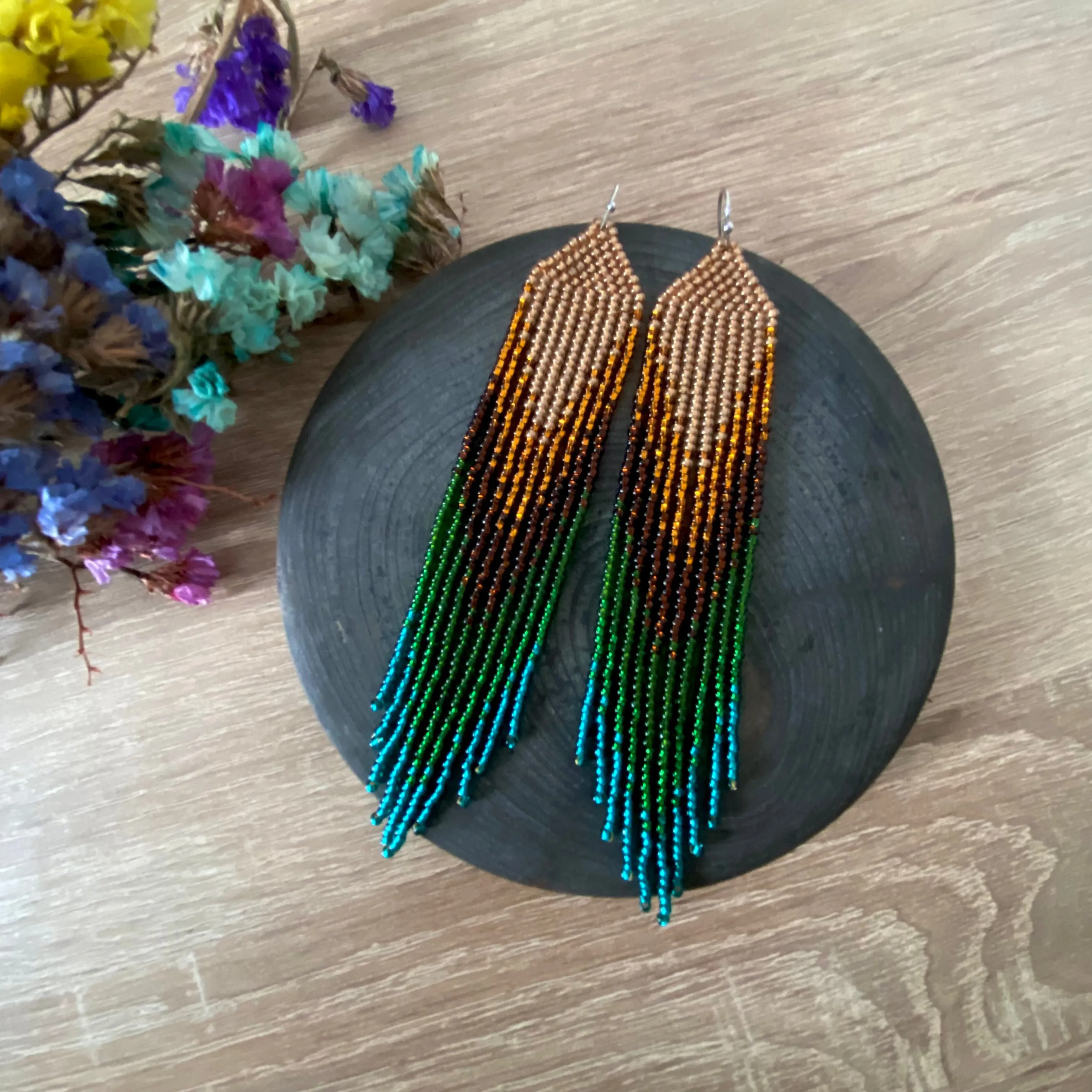 Earthy Ombre Seed Bead Fringe Chandelier Earrings, Boho Emerald Green Brown Gold beaded Earrings, Very Long Dangle Peacock Feathers Earring, Statement Earrings