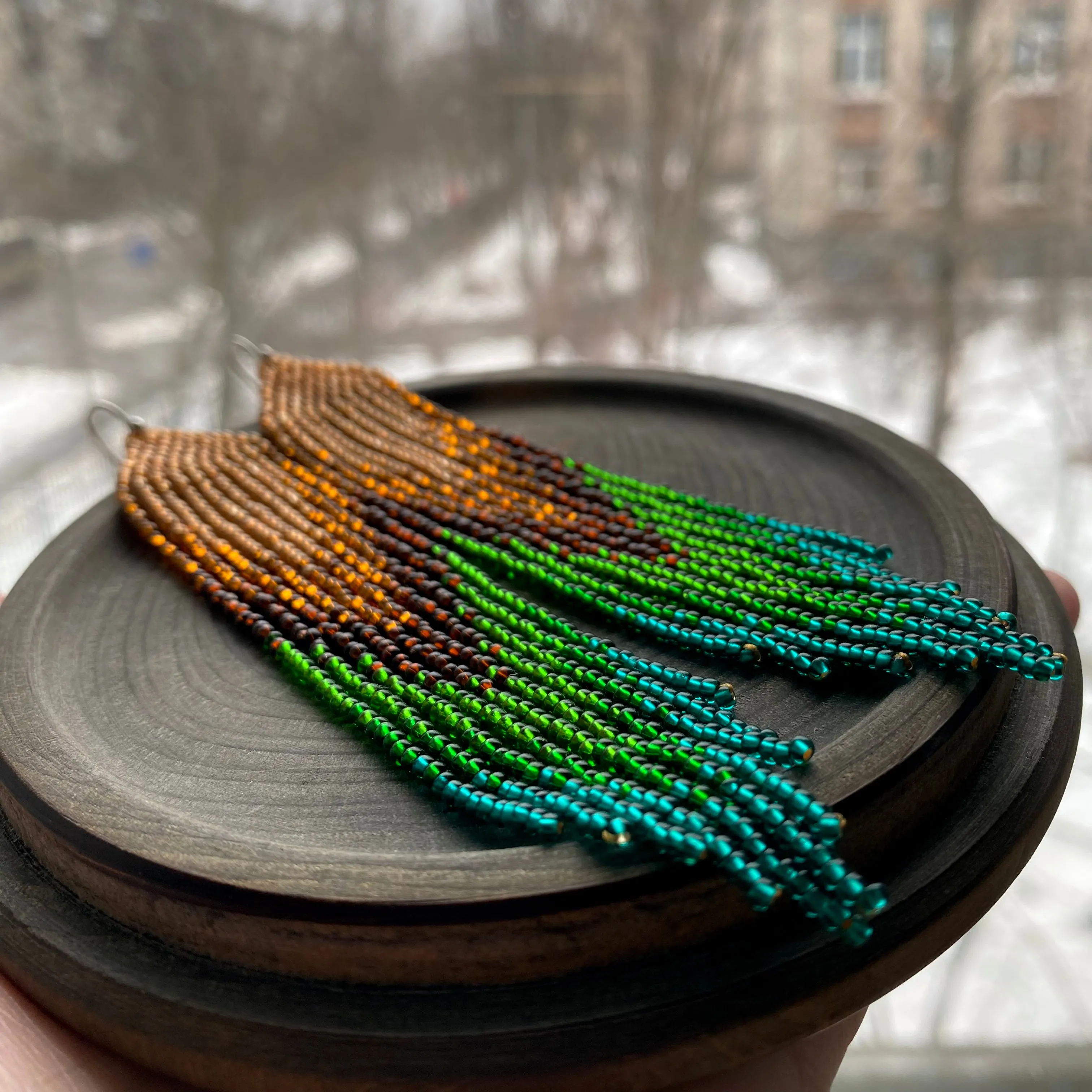 Earthy Ombre Seed Bead Fringe Chandelier Earrings, Boho Emerald Green Brown Gold beaded Earrings, Very Long Dangle Peacock Feathers Earring, Statement Earrings