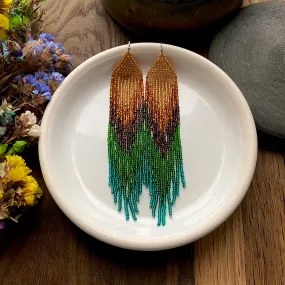 Earthy Ombre Seed Bead Fringe Chandelier Earrings, Boho Emerald Green Brown Gold beaded Earrings, Very Long Dangle Peacock Feathers Earring, Statement Earrings