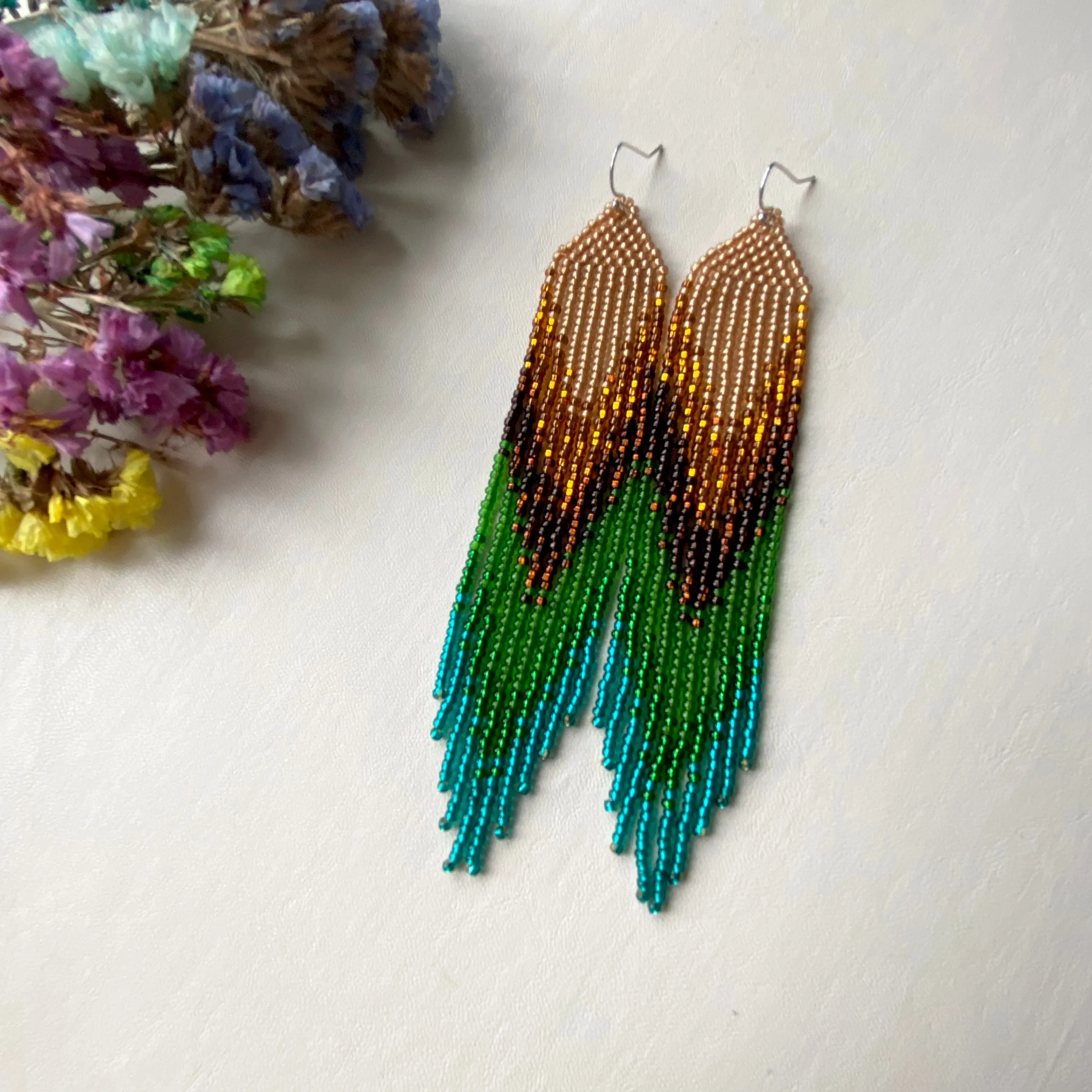 Earthy Ombre Seed Bead Fringe Chandelier Earrings, Boho Emerald Green Brown Gold beaded Earrings, Very Long Dangle Peacock Feathers Earring, Statement Earrings