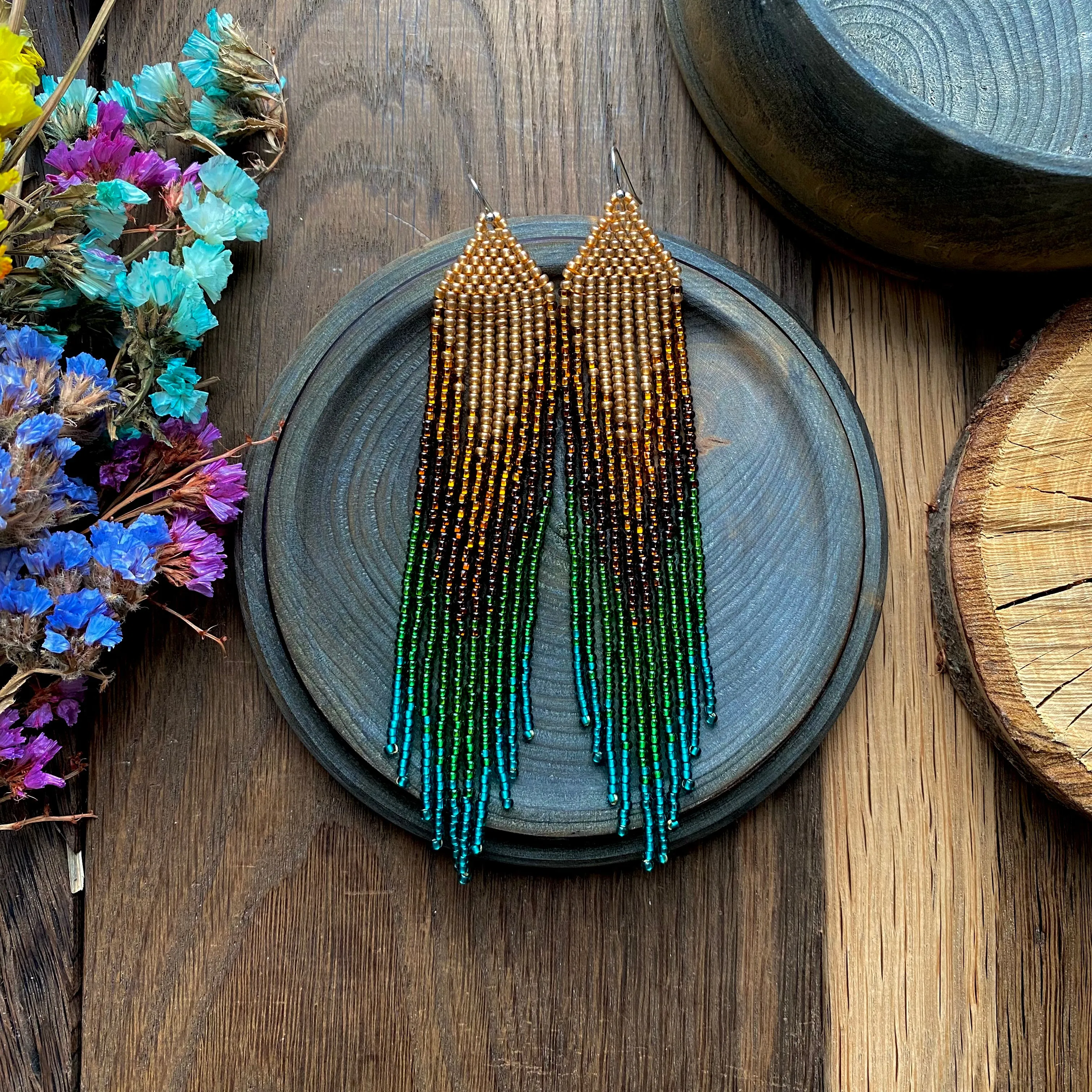 Earthy Ombre Seed Bead Fringe Chandelier Earrings, Boho Emerald Green Brown Gold beaded Earrings, Very Long Dangle Peacock Feathers Earring, Statement Earrings