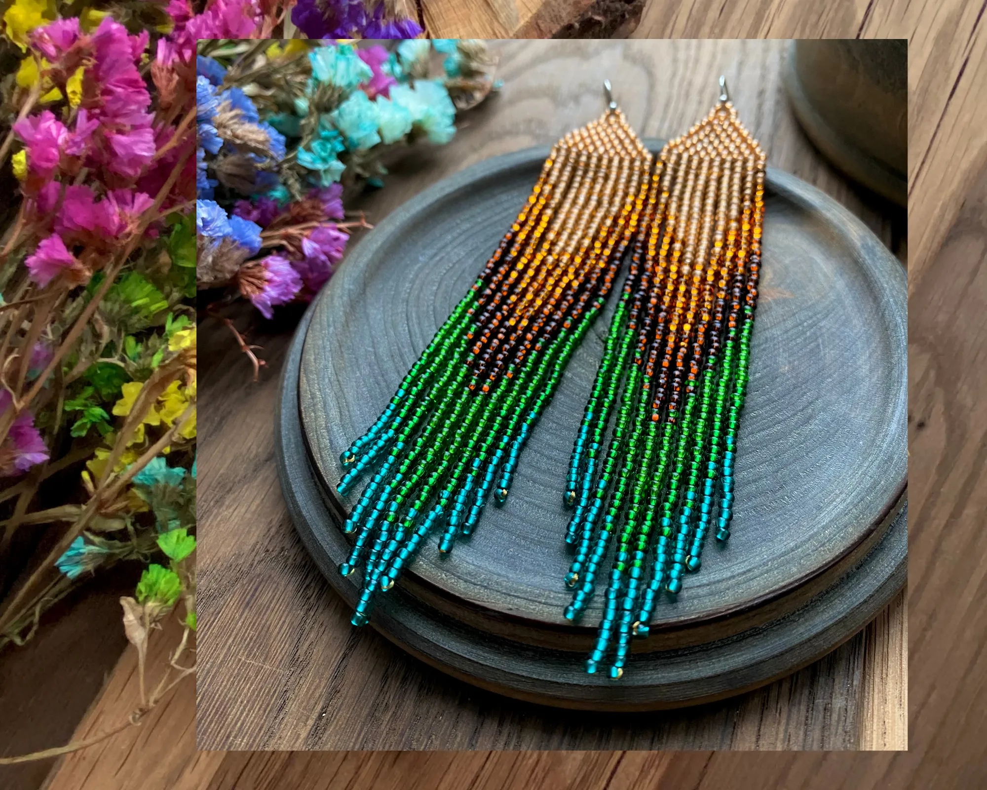 Earthy Ombre Seed Bead Fringe Chandelier Earrings, Boho Emerald Green Brown Gold beaded Earrings, Very Long Dangle Peacock Feathers Earring, Statement Earrings