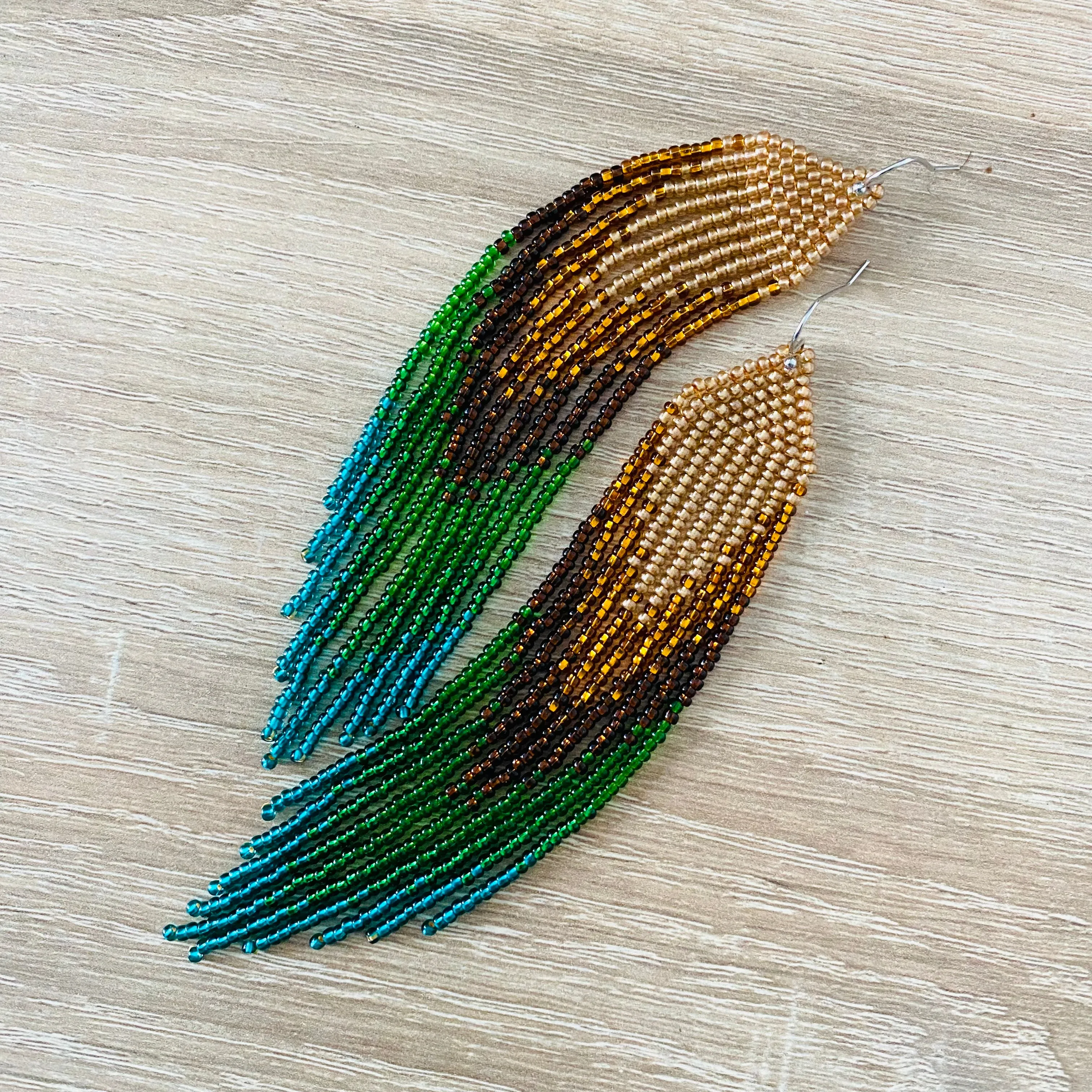 Earthy Ombre Seed Bead Fringe Chandelier Earrings, Boho Emerald Green Brown Gold beaded Earrings, Very Long Dangle Peacock Feathers Earring, Statement Earrings