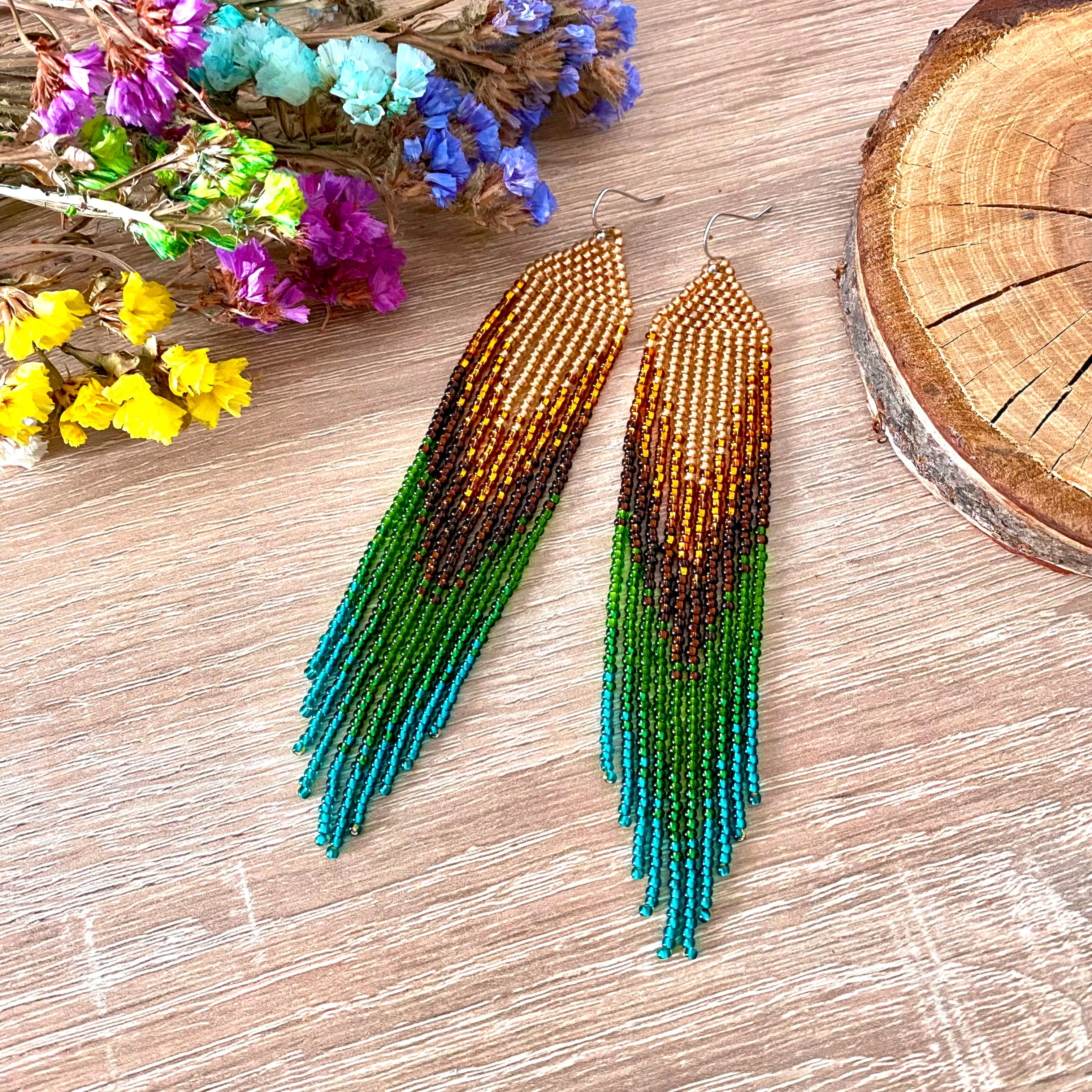 Earthy Ombre Seed Bead Fringe Chandelier Earrings, Boho Emerald Green Brown Gold beaded Earrings, Very Long Dangle Peacock Feathers Earring, Statement Earrings