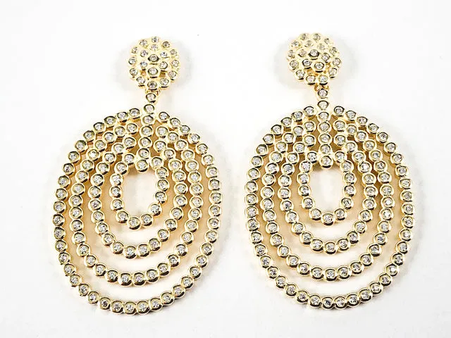 Elegant Large Bezel CZ Setting Style Round & Oval Shape Dangle Gold Tone Silver Earrings