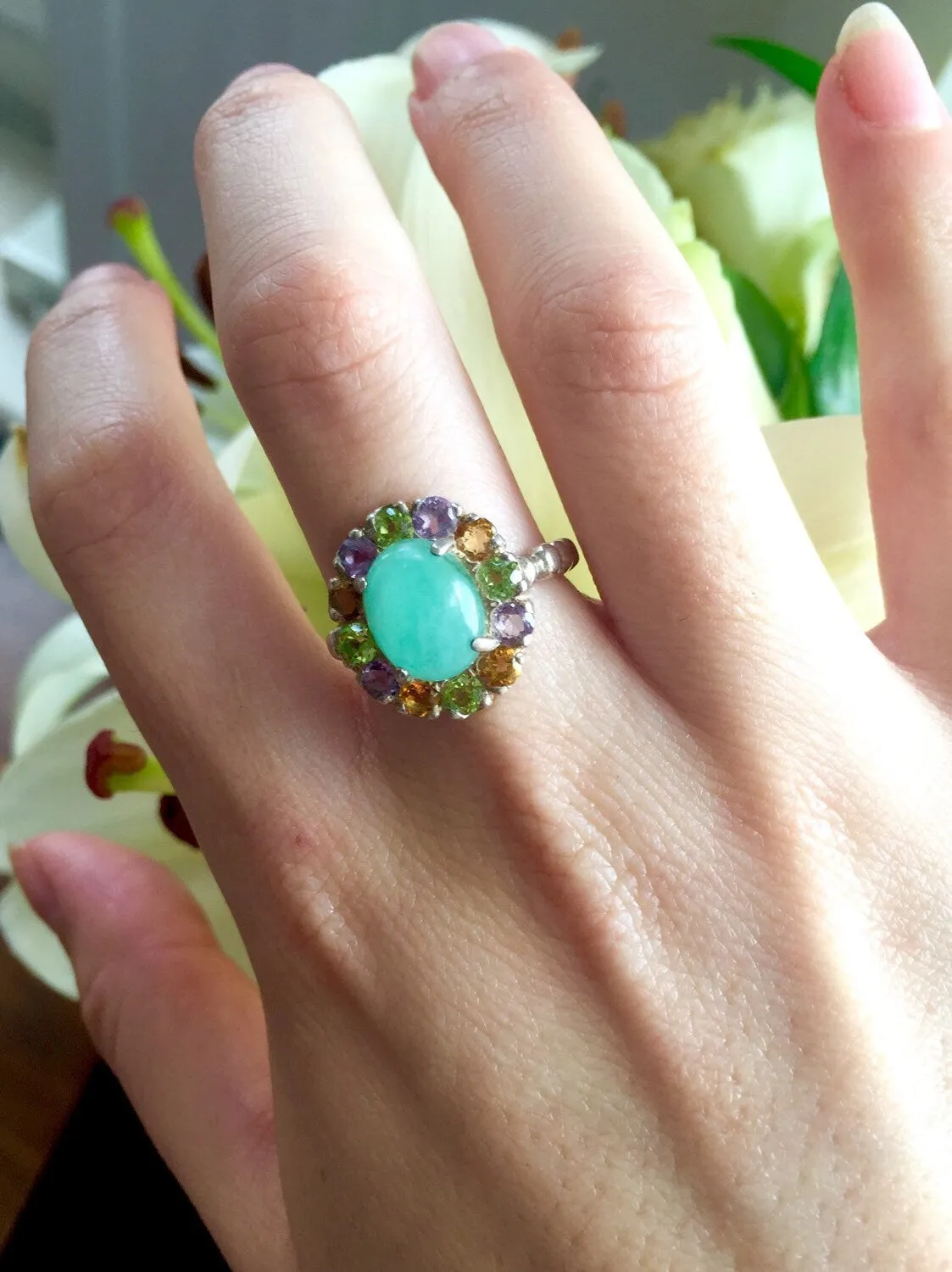 Emerald Flower Ring - Green Cocktail Ring - Multistone Vintage Ring