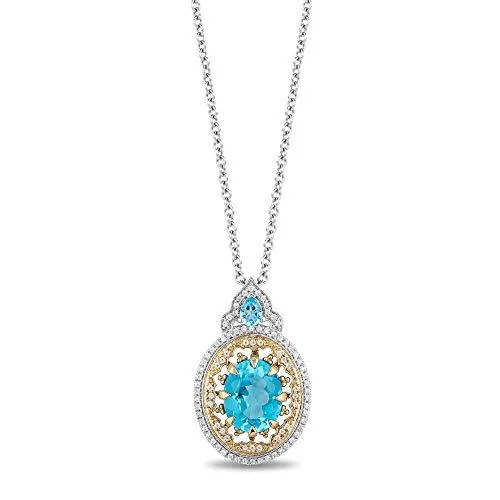 Enchanted Disney Fine Jewelry 10K White and Yellow Gold with 1/5 CTTW Diamond and Swiss Blue Topaz Aladdin Cave Of Wonders Pendant Necklace