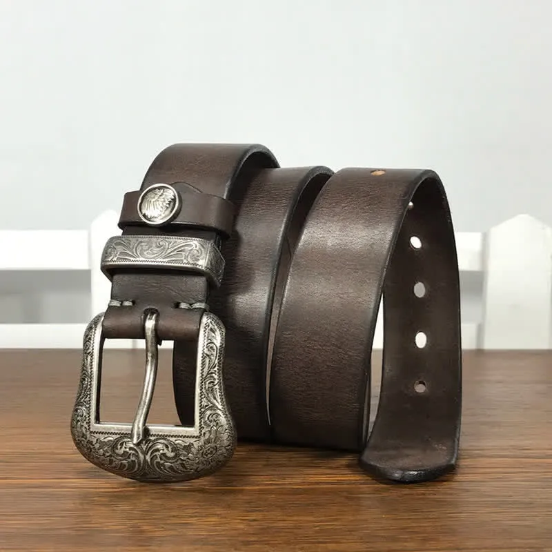 Engraved Floral Indian Element Loop Leather Belt