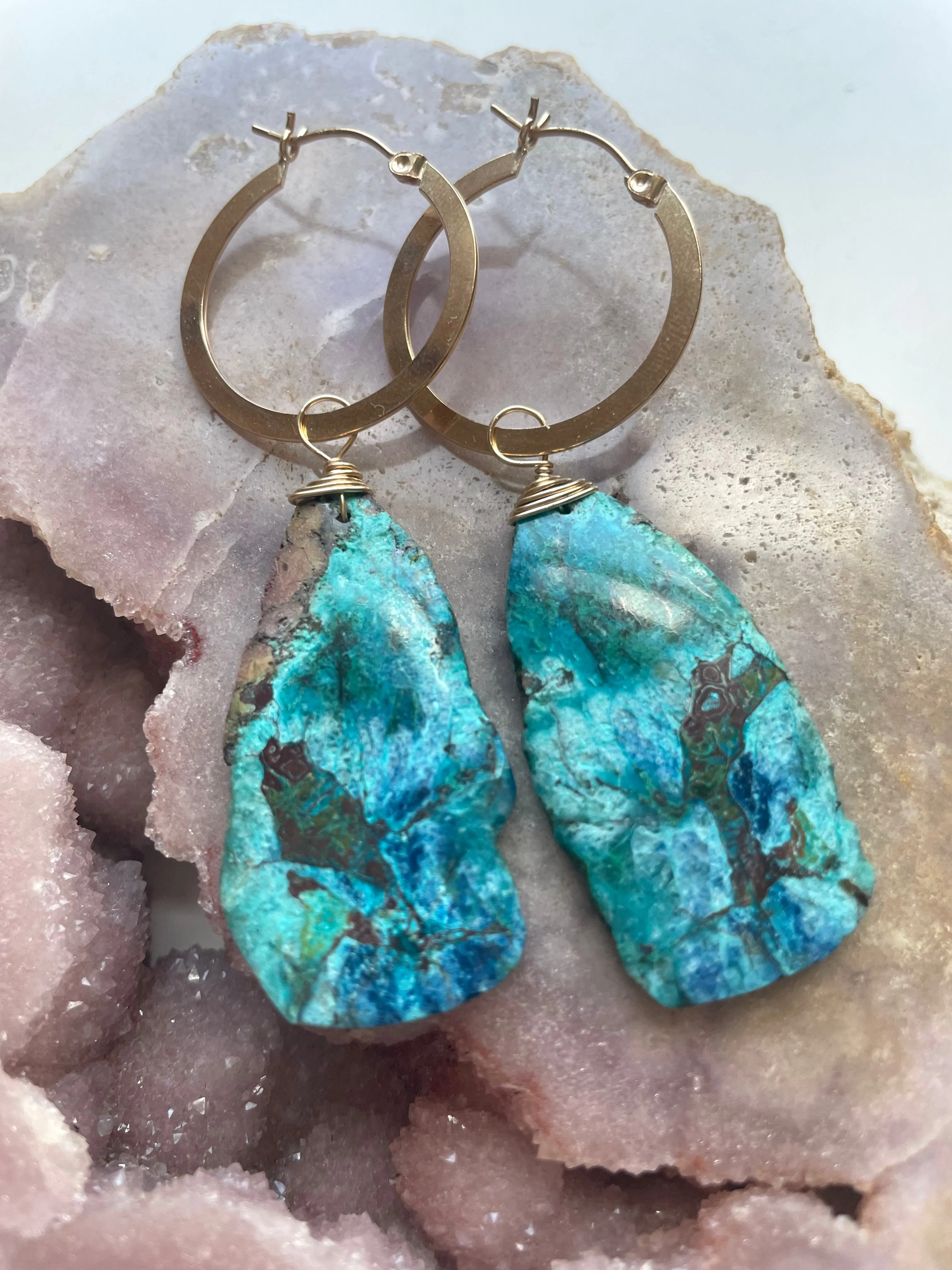 Extra Large Chrysocolla Gold Filled Statement Hoop Crystal Gemstone Earrings