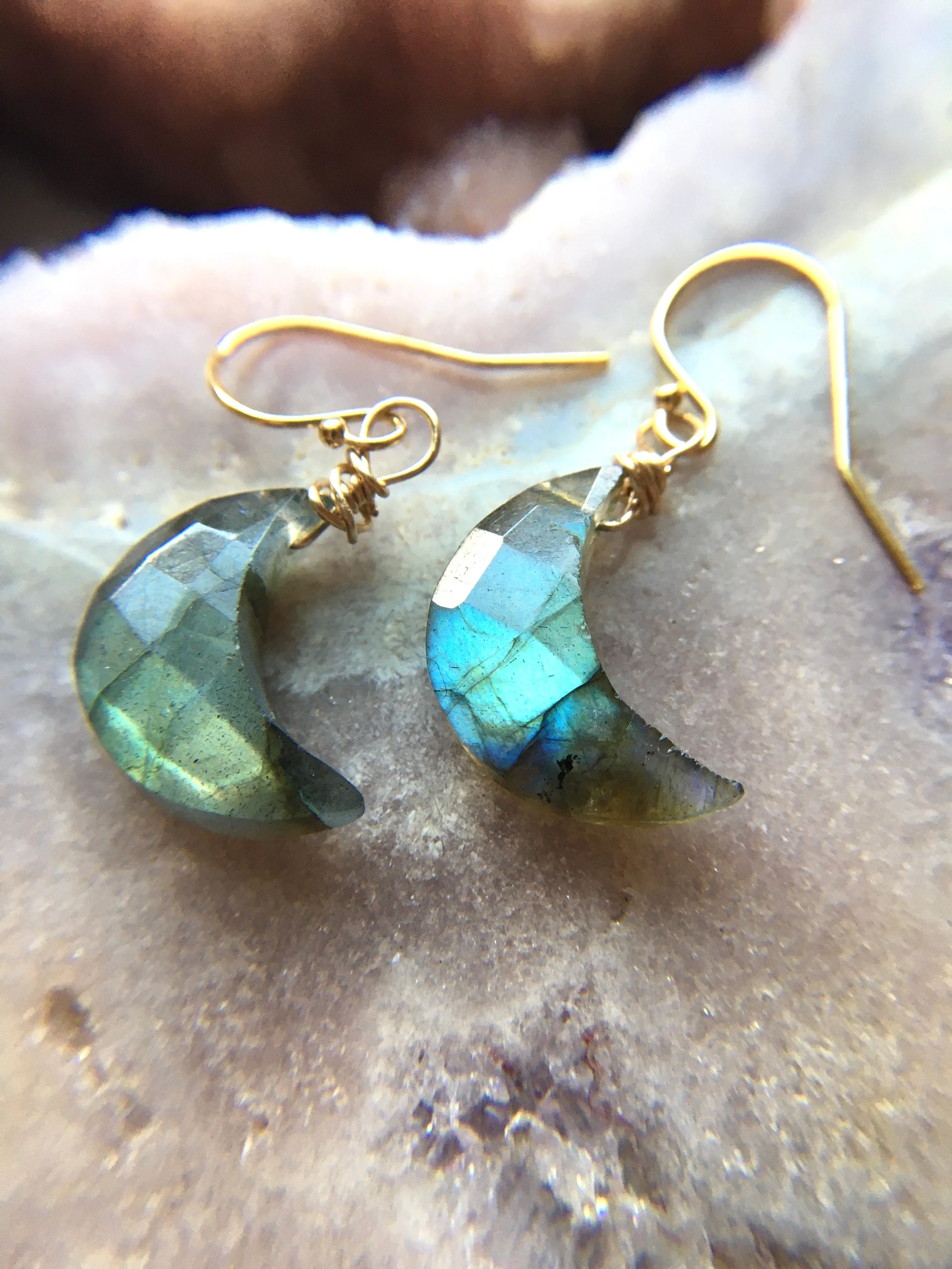 Faceted Mini Labradorite Moon Crystal Earrings