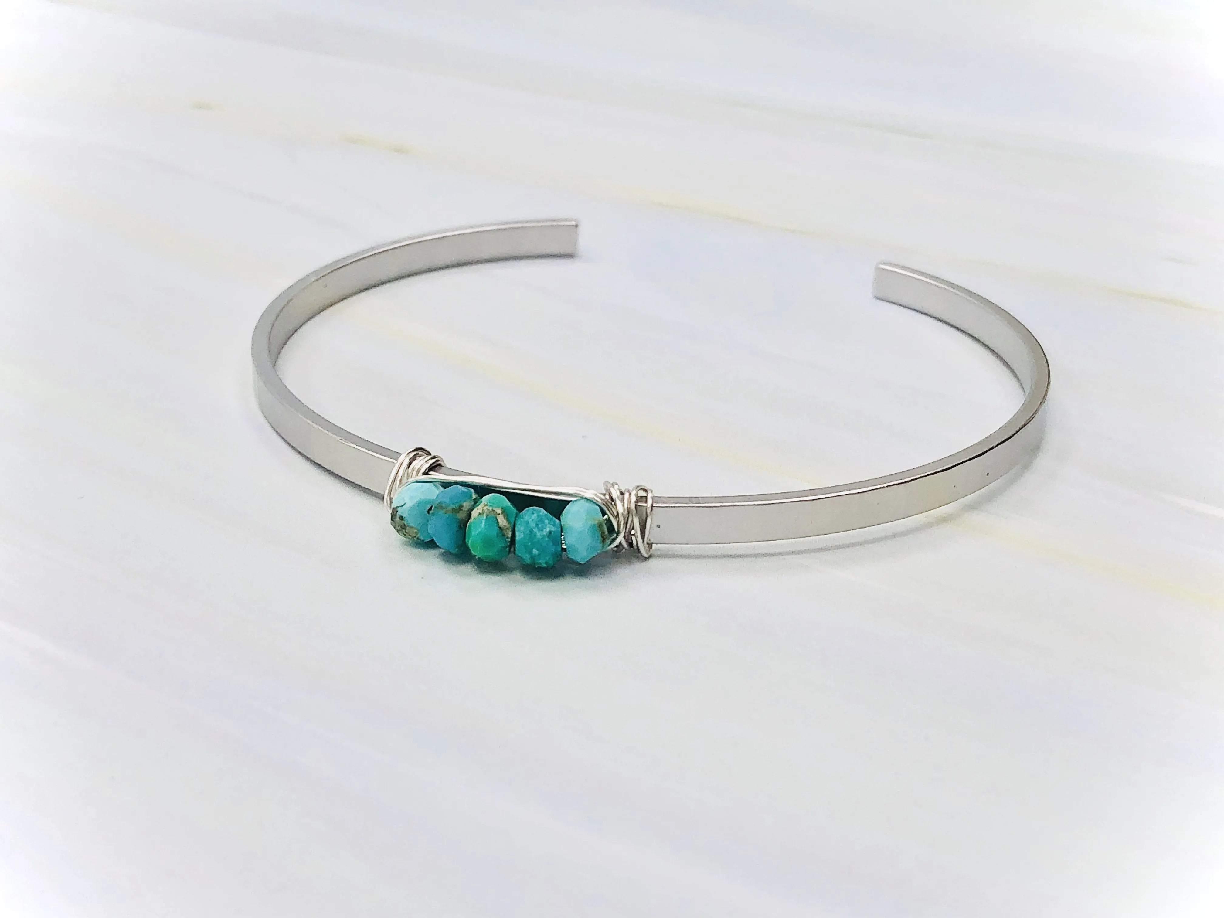 Faceted Turquoise Cuff Bracelet Boho Matte White Gold Turquoise Cuff Bracelet