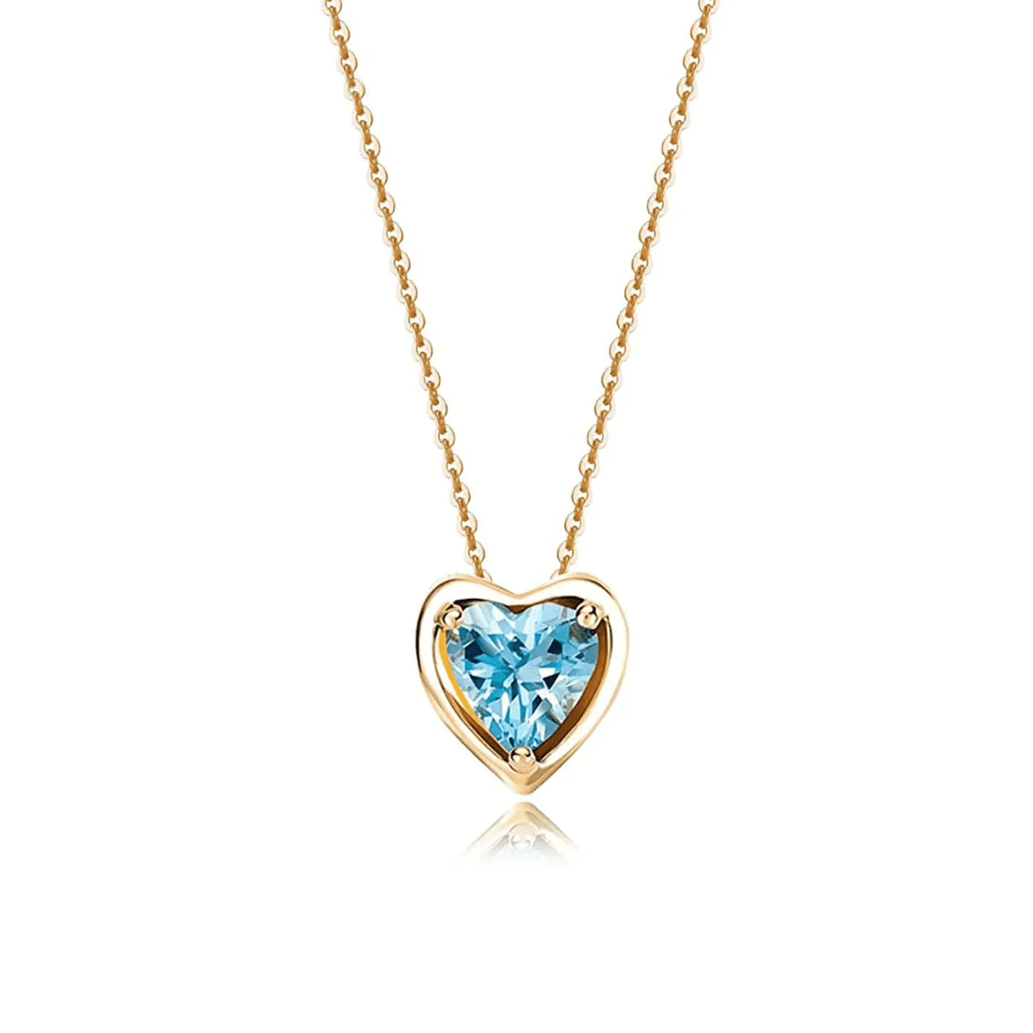 FANCIME Blue Topaz Heart Birthstone 14K Solid Yellow Gold Necklace