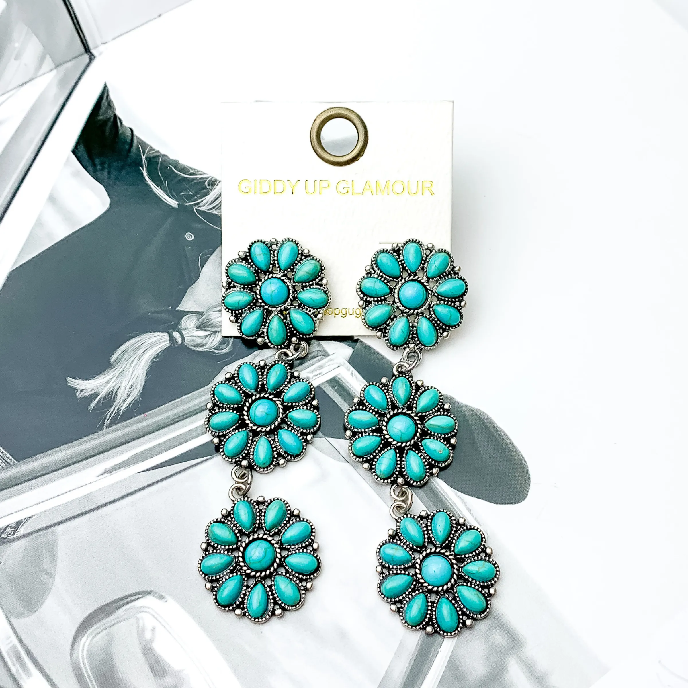 Faux Turquoise Flower Cluster Drop Earrings