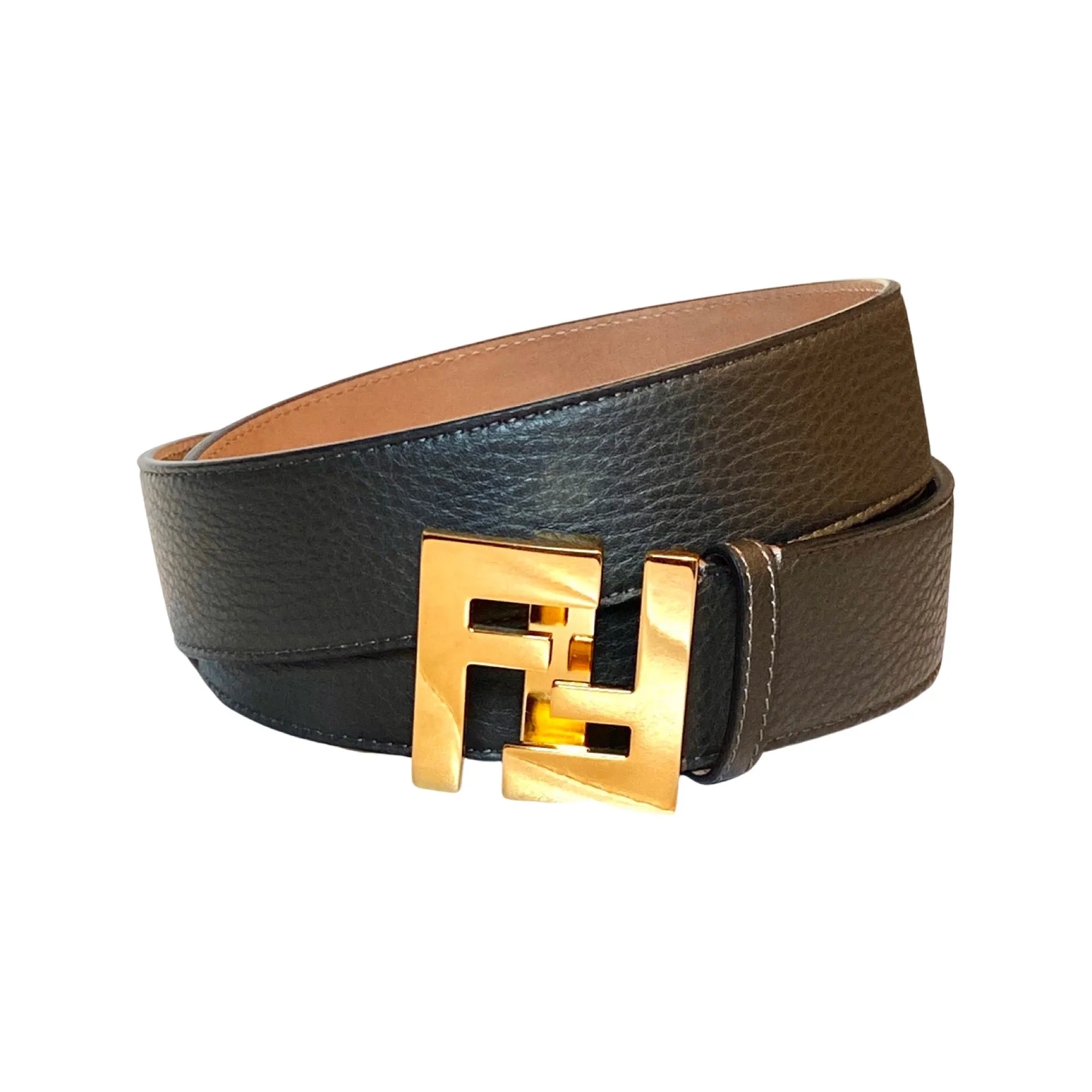 Fendi FF Logo Ebano Brown Pebbled Leather Belt 105