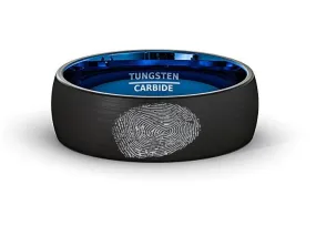 Finger Print Engraved Two Tone Black Brushed Men's Tungsten Wedding Band with Blue Interior Domed- 8MM