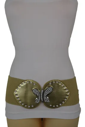 Gold Faux Leather Wide Elastic Fashion Belt Silver Metal Butterfly Fit S M