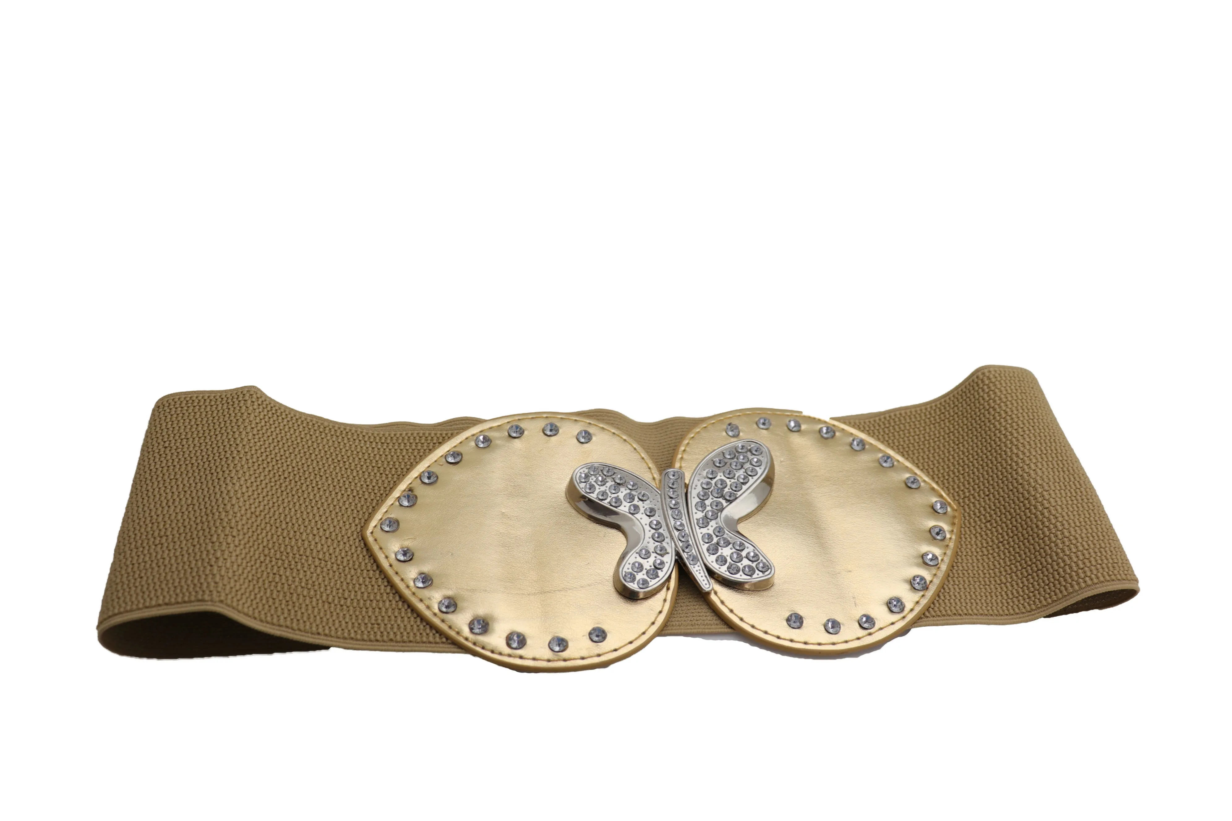 Gold Faux Leather Wide Elastic Fashion Belt Silver Metal Butterfly Fit S M