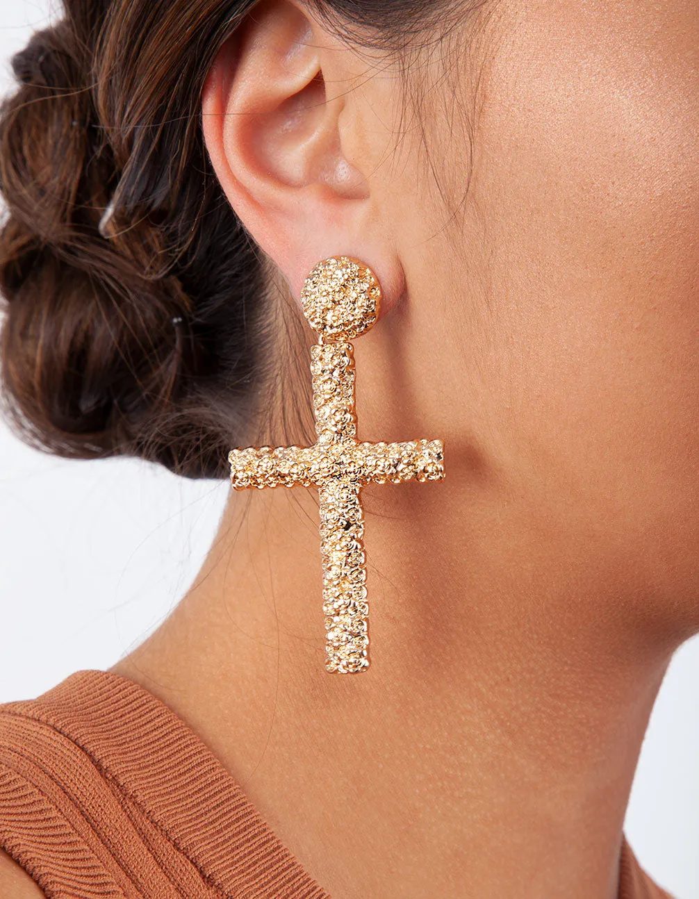 Gold Textured Cross Earrings