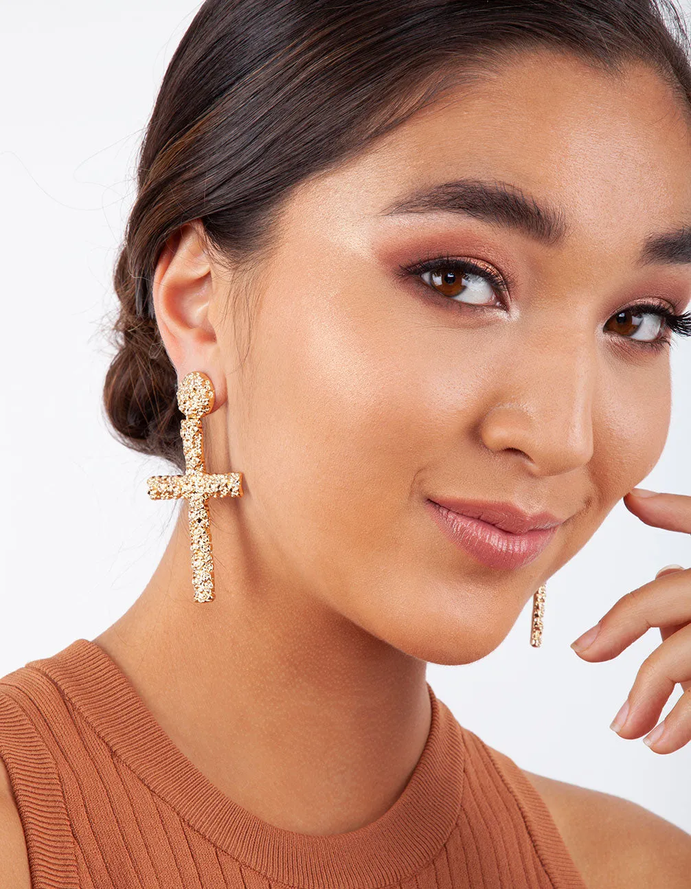 Gold Textured Cross Earrings