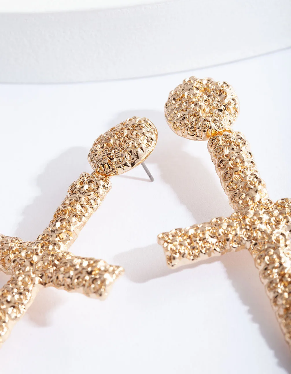 Gold Textured Cross Earrings