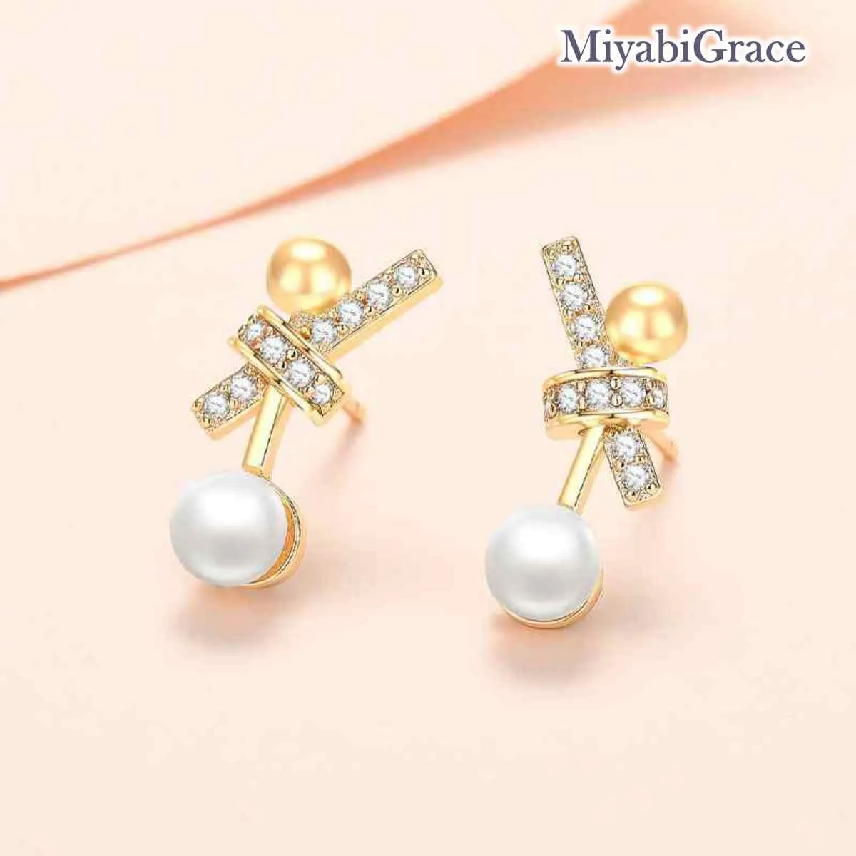 Gold V Crystal Rhinestone & Pearl Invisible Clip On Stud Earrings