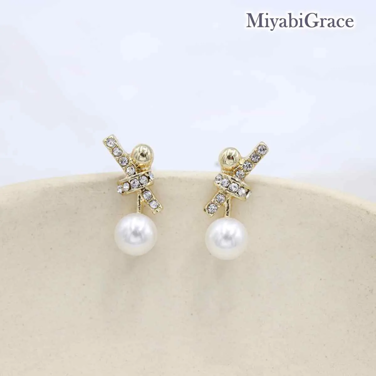 Gold V Crystal Rhinestone & Pearl Invisible Clip On Stud Earrings