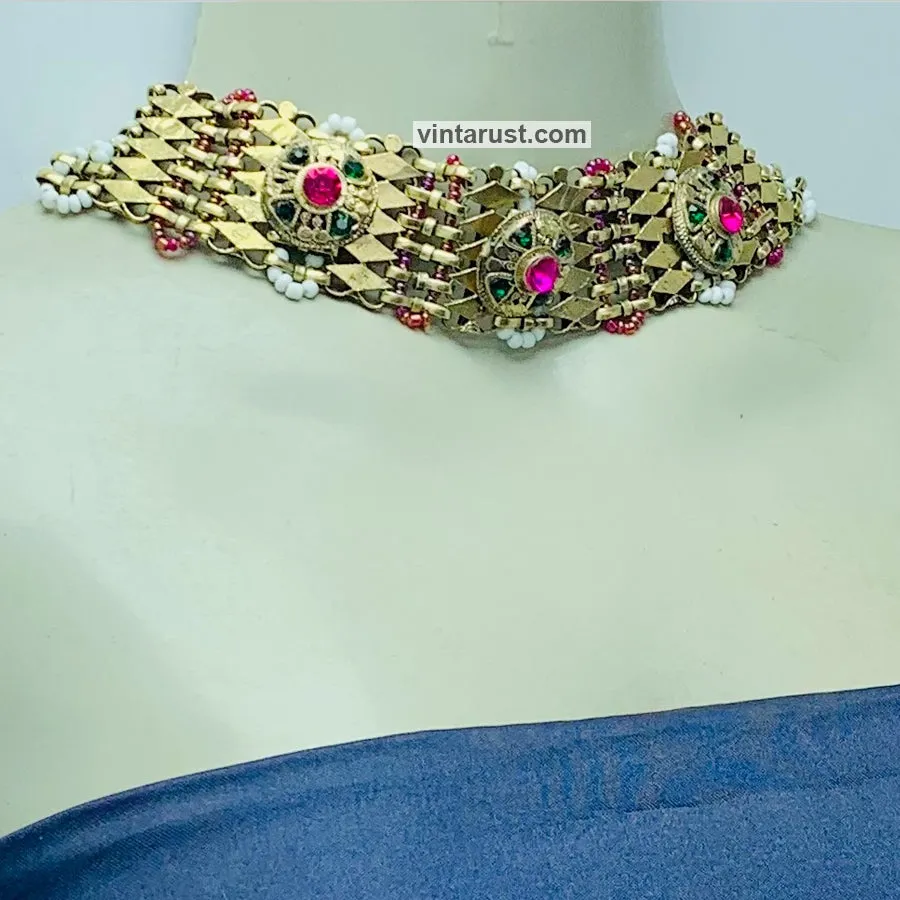 Golden Metal Collar Choker Necklace With Multicolor Stones