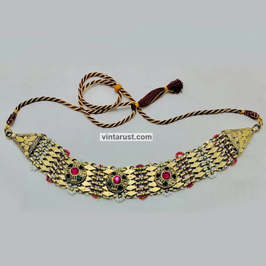 Golden Metal Collar Choker Necklace With Multicolor Stones