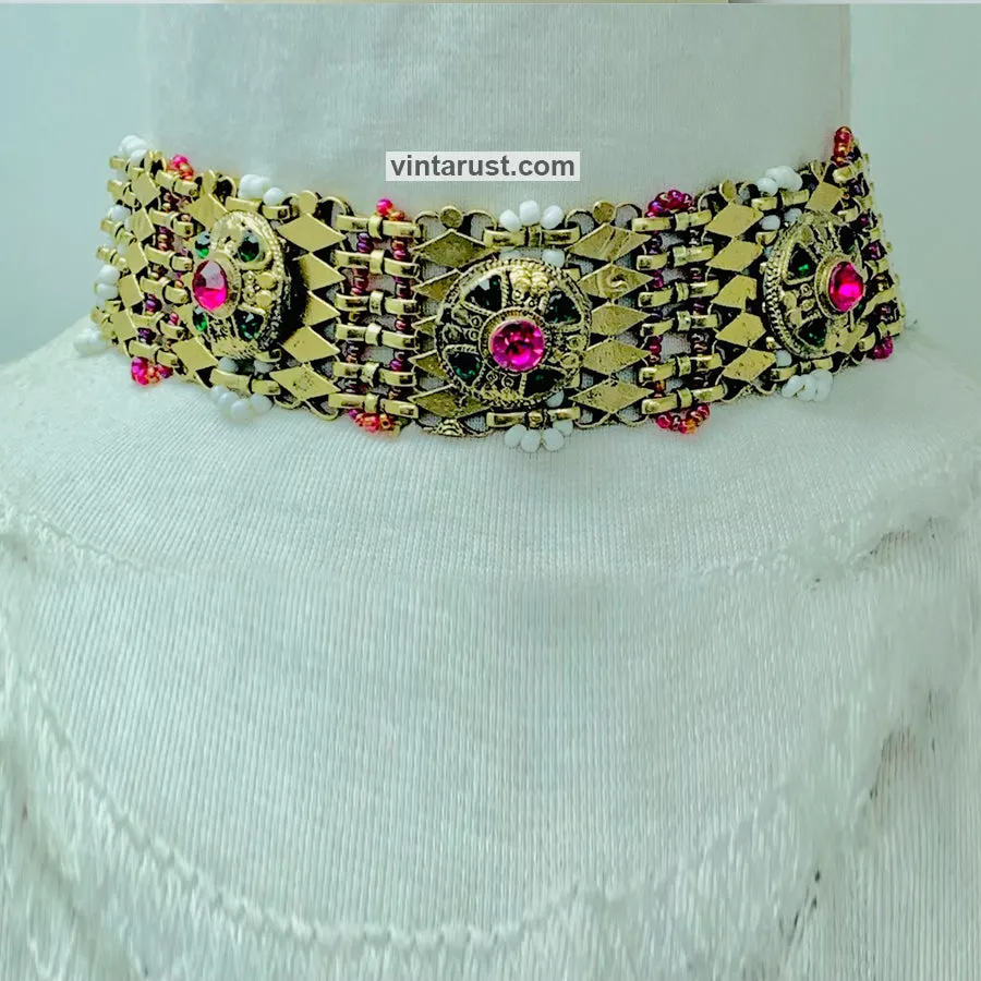 Golden Metal Collar Choker Necklace With Multicolor Stones