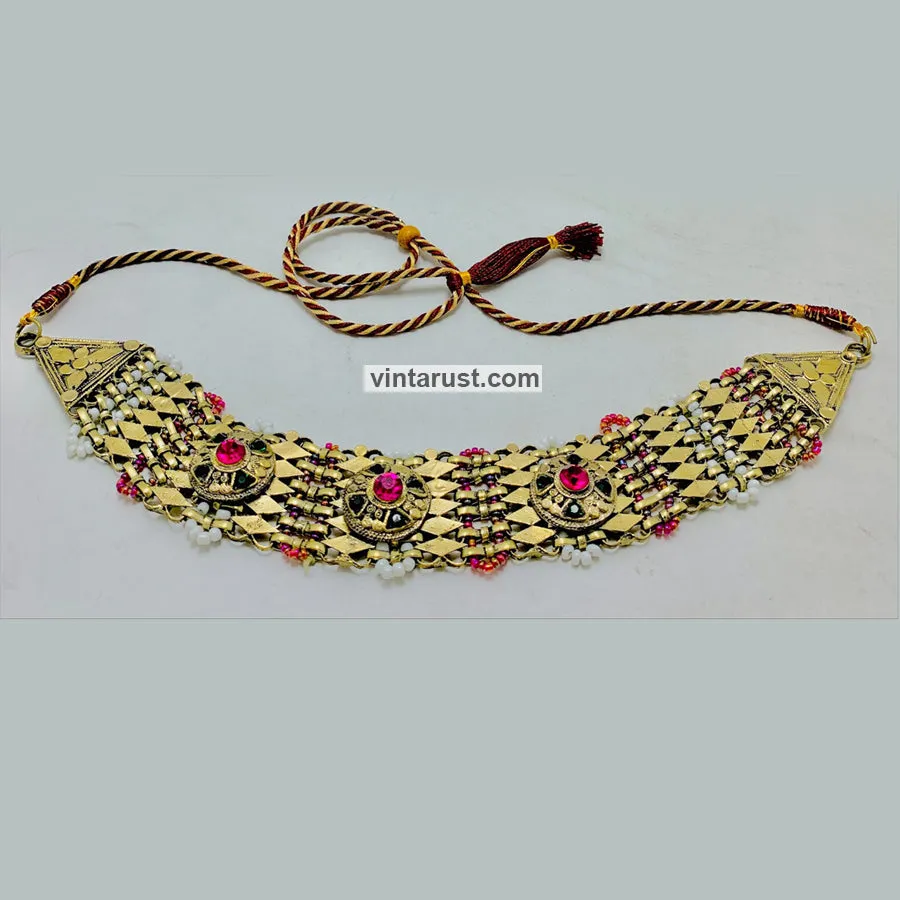 Golden Metal Collar Choker Necklace With Multicolor Stones