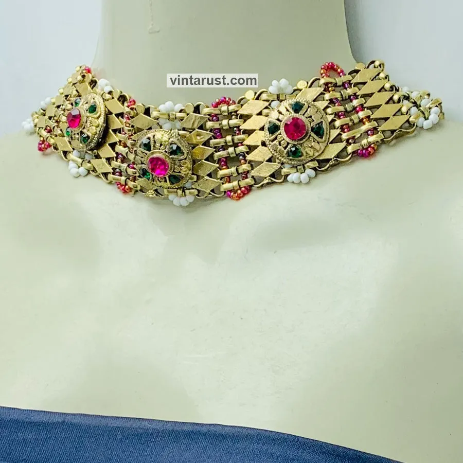 Golden Metal Collar Choker Necklace With Multicolor Stones