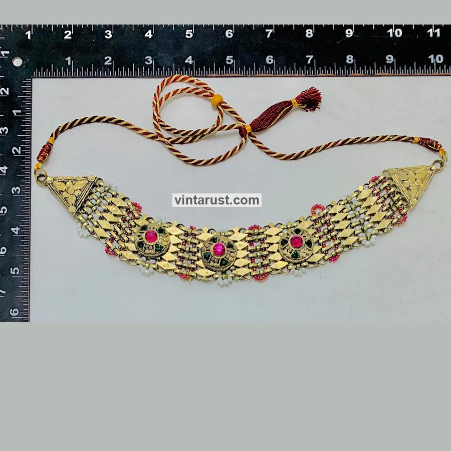 Golden Metal Collar Choker Necklace With Multicolor Stones