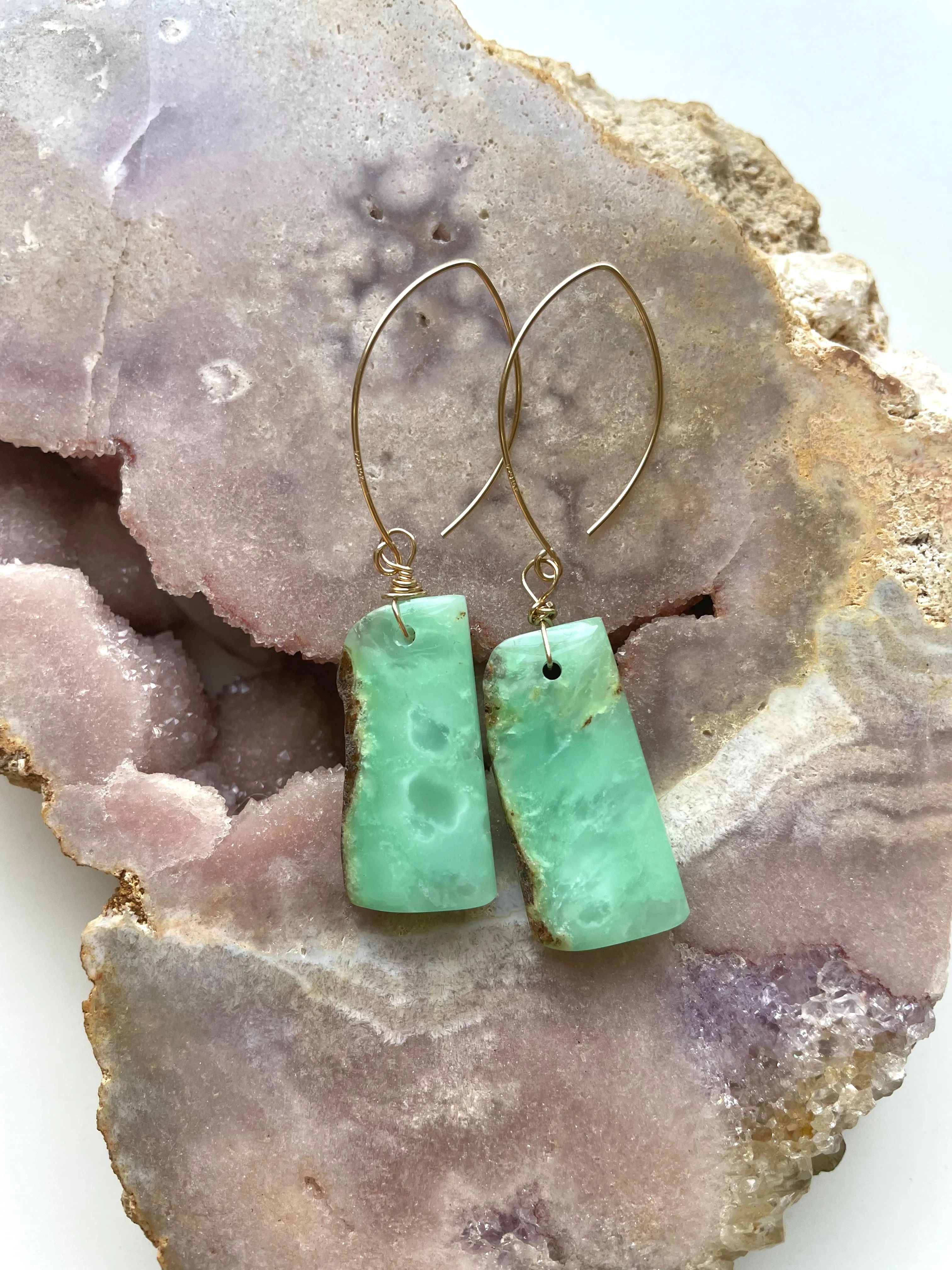 Green Chrysoprase Gold Filled Statement Crystal Gemstone Earrings