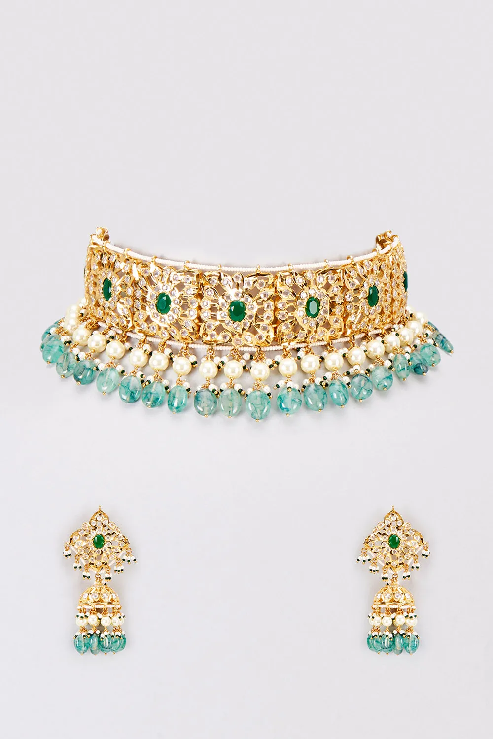 Green Pearled Zohra Choker Set
 22 kt Gold Plated