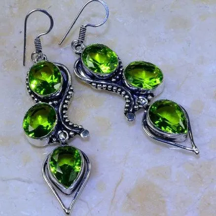 Green Peridot 2 3/4" Silver Plated Earrings