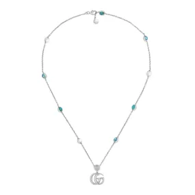 Gucci Sterling Silver Double G Pendant Necklace with MOP, Blue Topaz Stones and Turquoise Colored Resin, 15.5-16.5 inch