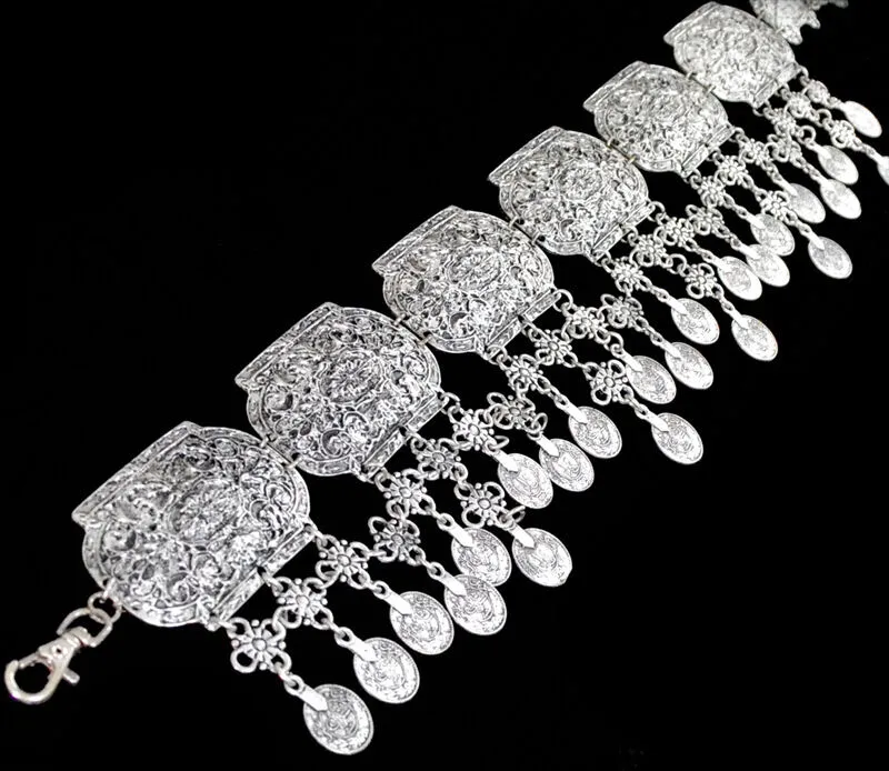 Gypsy Coin Belt Silver Boho Belly Chain Large Conchos Waterfall Dangling Coins Gipsy Bikini Body Jewelry Bohemian Waist Decoration Festival Accessory