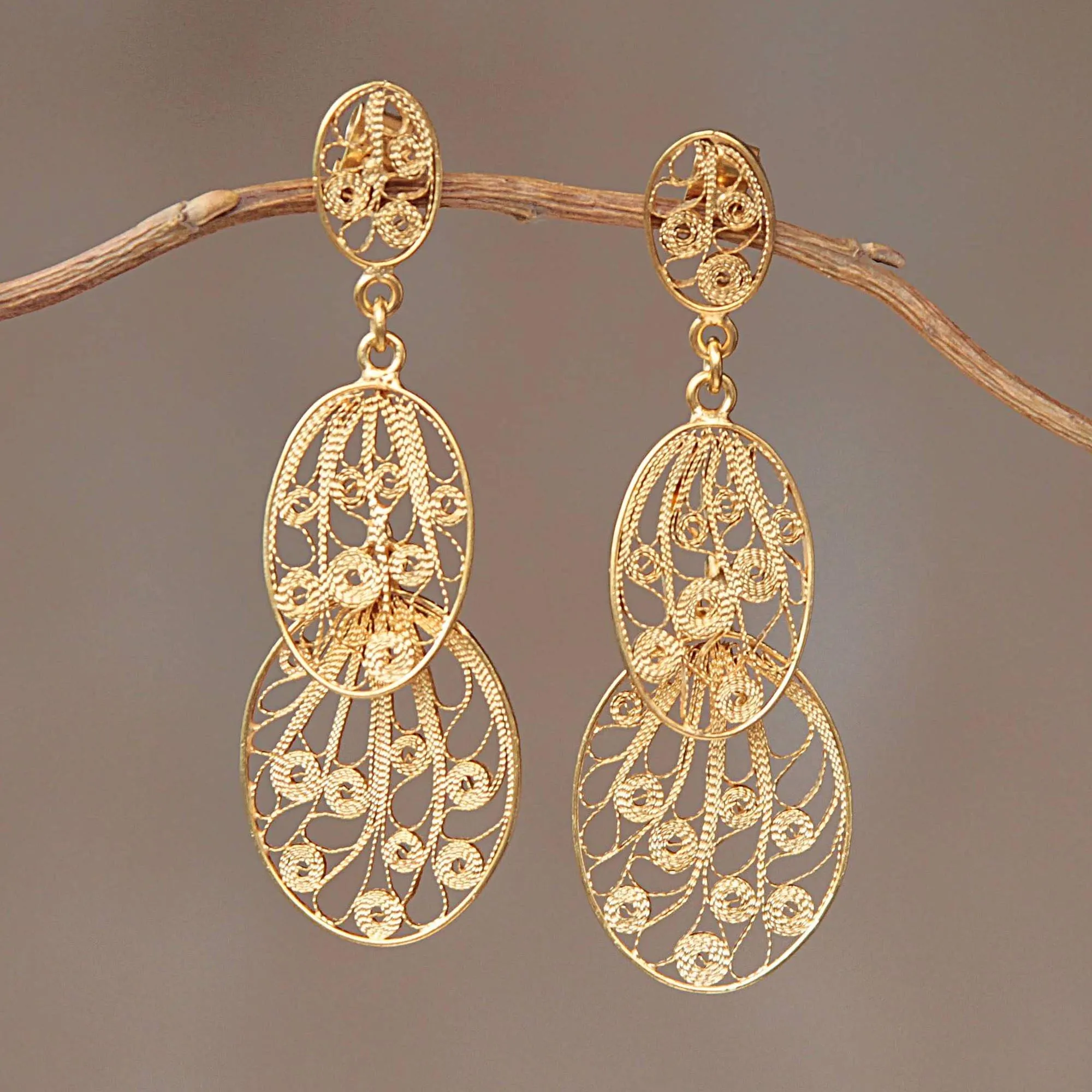 Hand Crafted 21K Gold Plated on Sterling Dangle Earrings - Filigree Beauty | NOVICA