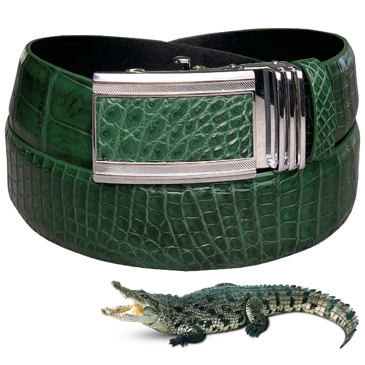 Handcrafted Green Alligator Belt Men's - Crocodile Skin Belly Belt 1.5" - Automactic Buckle - BE-GRE-08