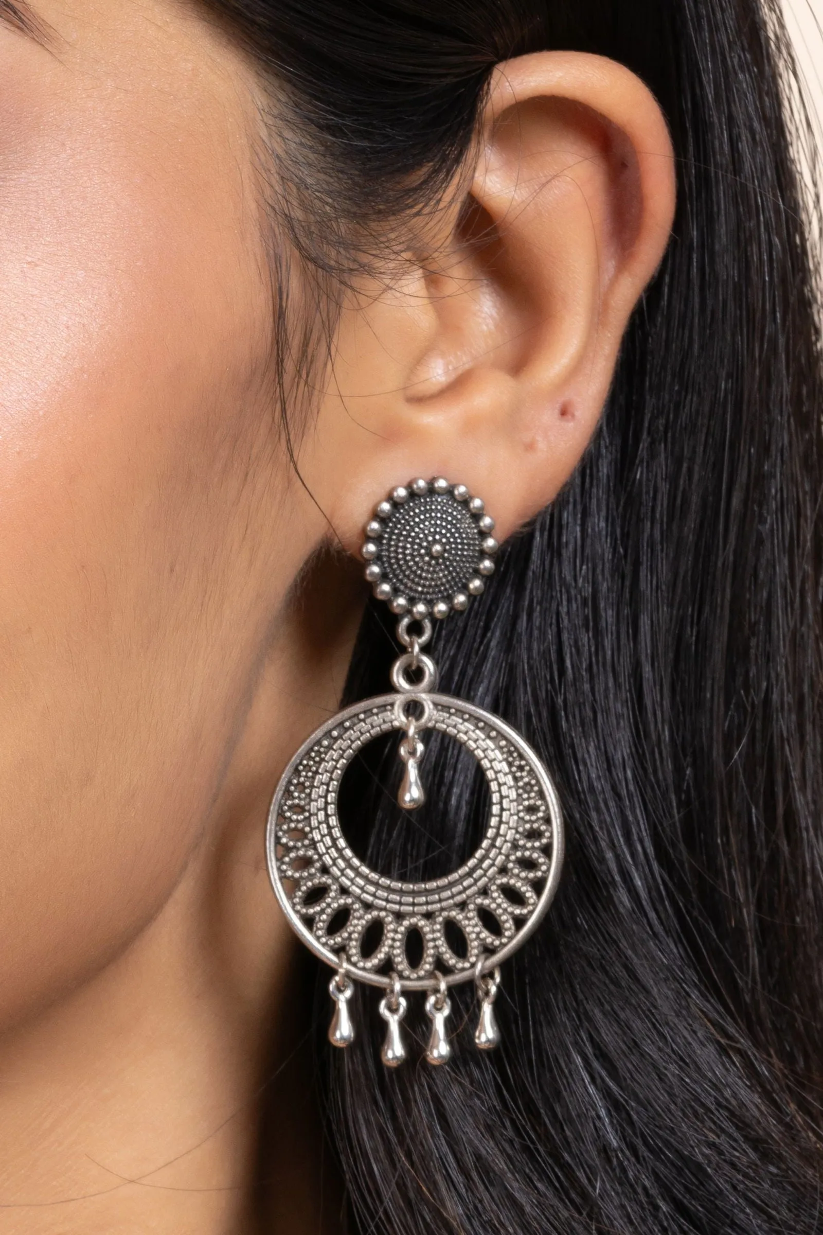 Handmade German Silver Round Stud Chandbali Earrings - Oxidized Finish, Elegant Design for Daily and Party Wear