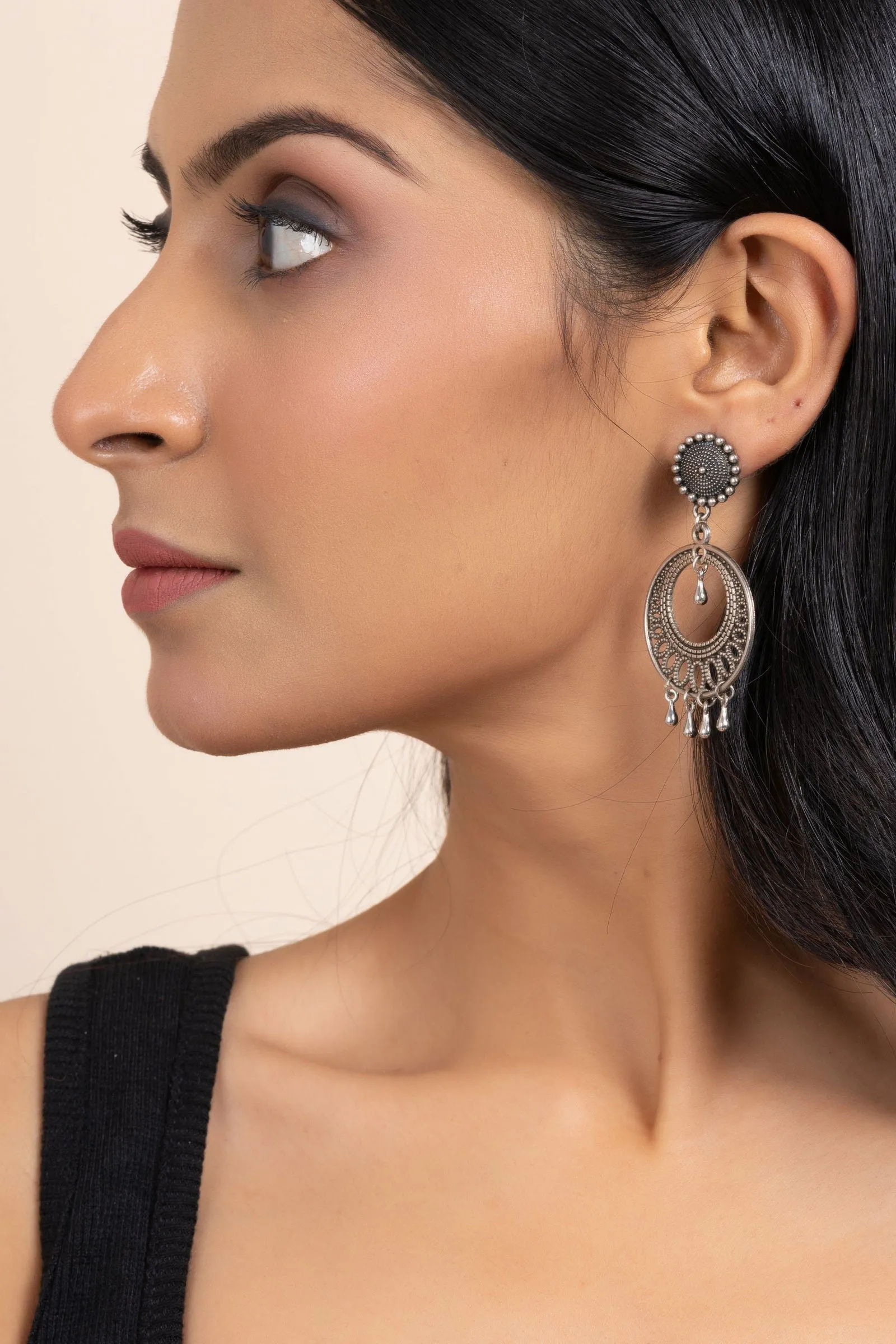 Handmade German Silver Round Stud Chandbali Earrings - Oxidized Finish, Elegant Design for Daily and Party Wear