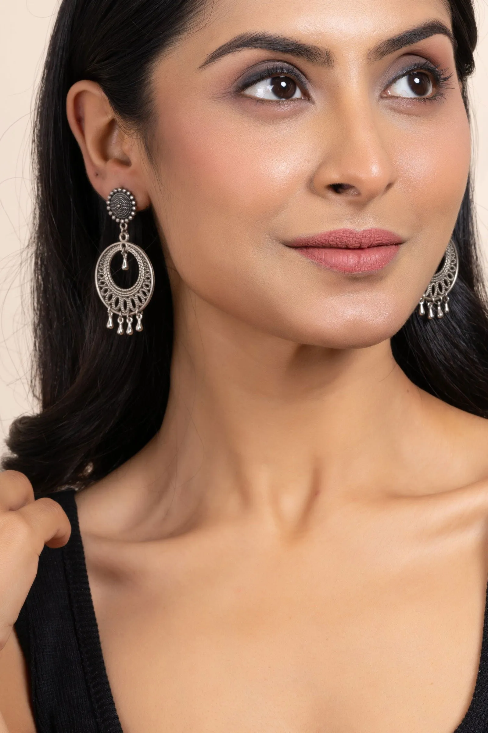 Handmade German Silver Round Stud Chandbali Earrings - Oxidized Finish, Elegant Design for Daily and Party Wear