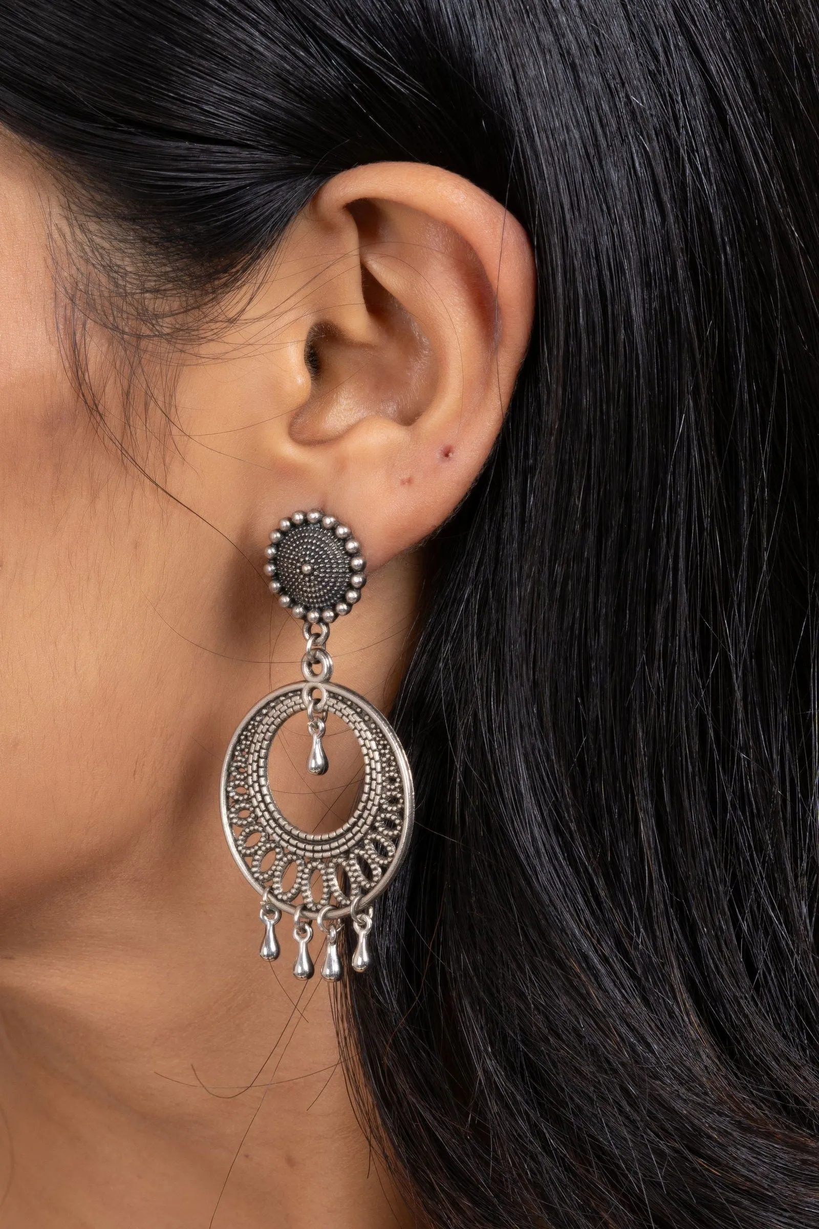 Handmade German Silver Round Stud Chandbali Earrings - Oxidized Finish, Elegant Design for Daily and Party Wear