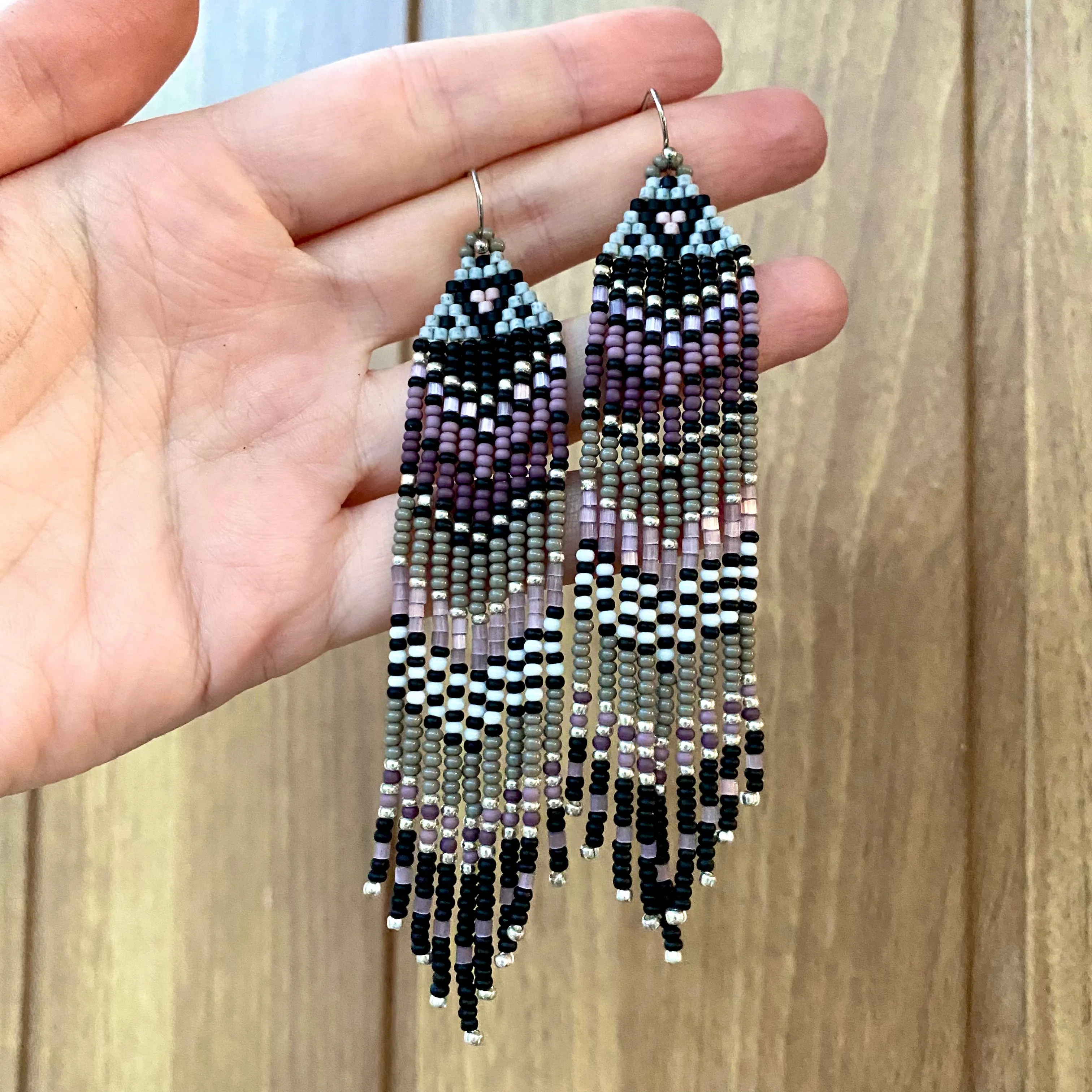 Handmade Long Dangle seed beaded Fringe Chandelier Earrings for Women in hippie boho style.