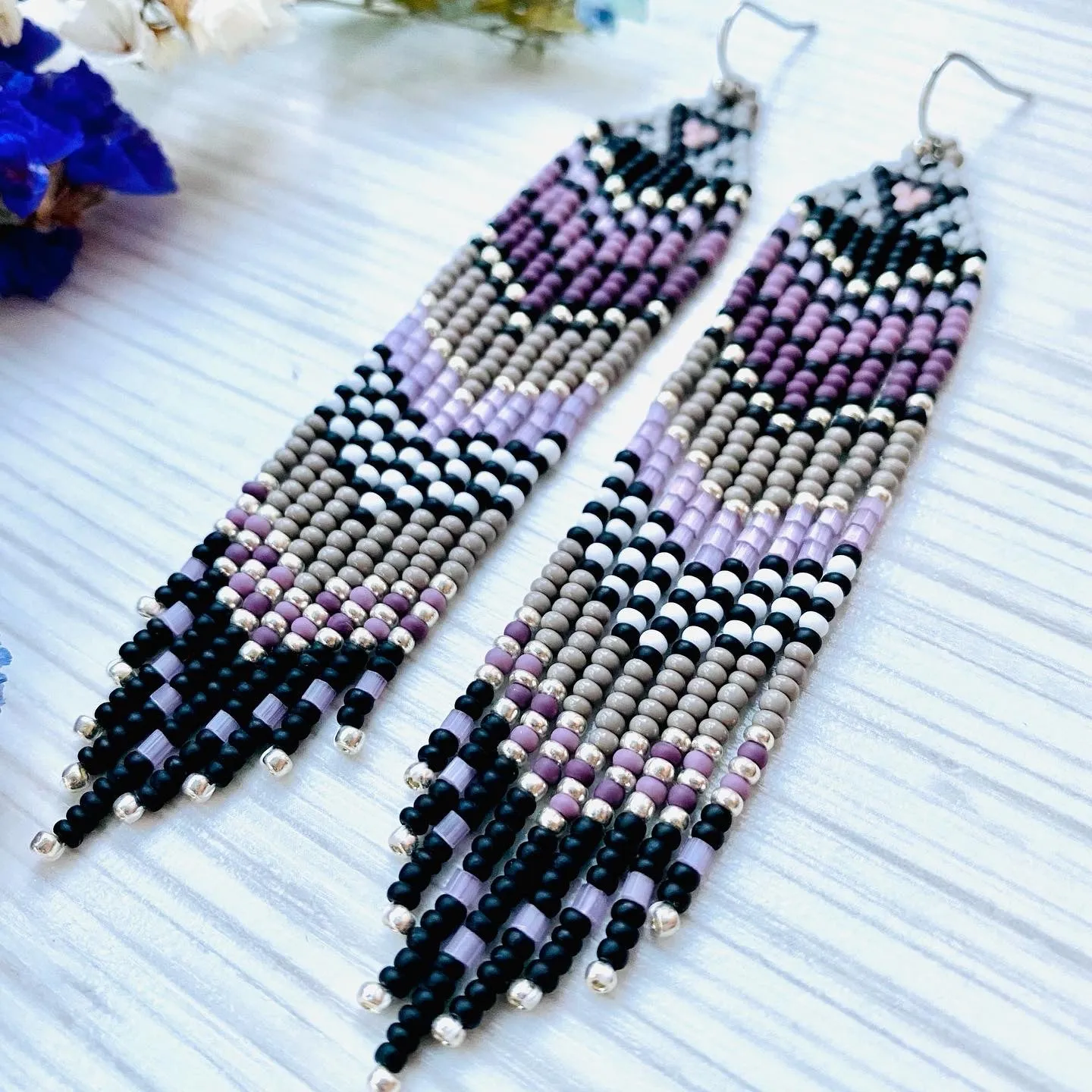 Handmade Long Dangle seed beaded Fringe Chandelier Earrings for Women in hippie boho style.