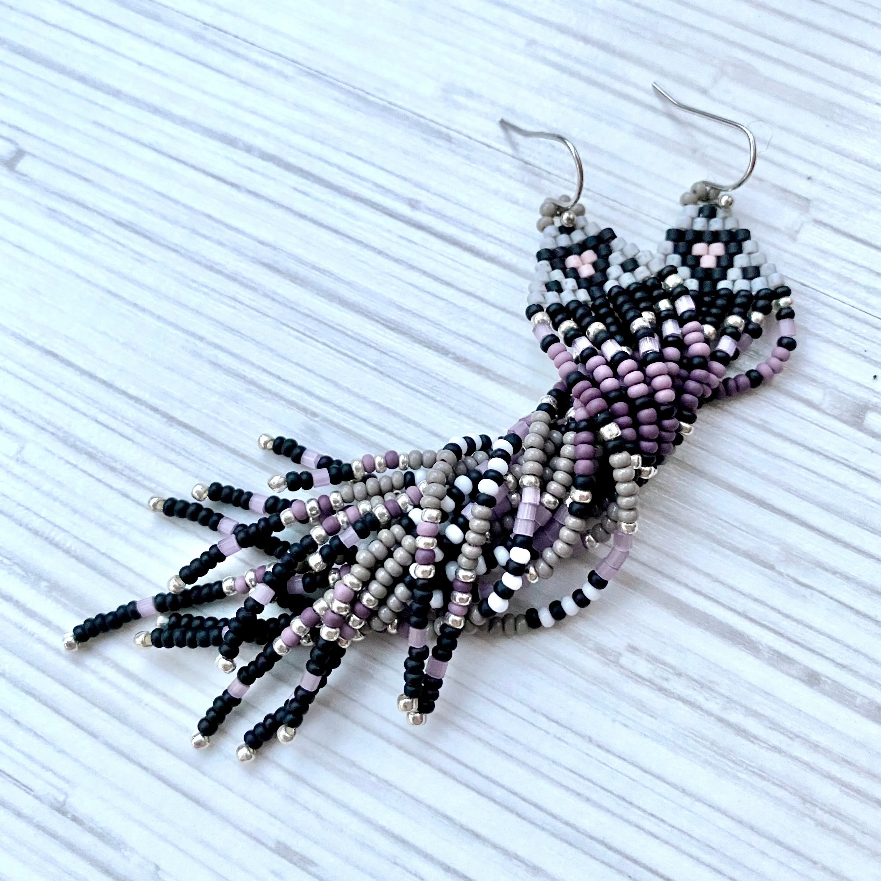 Handmade Long Dangle seed beaded Fringe Chandelier Earrings for Women in hippie boho style.