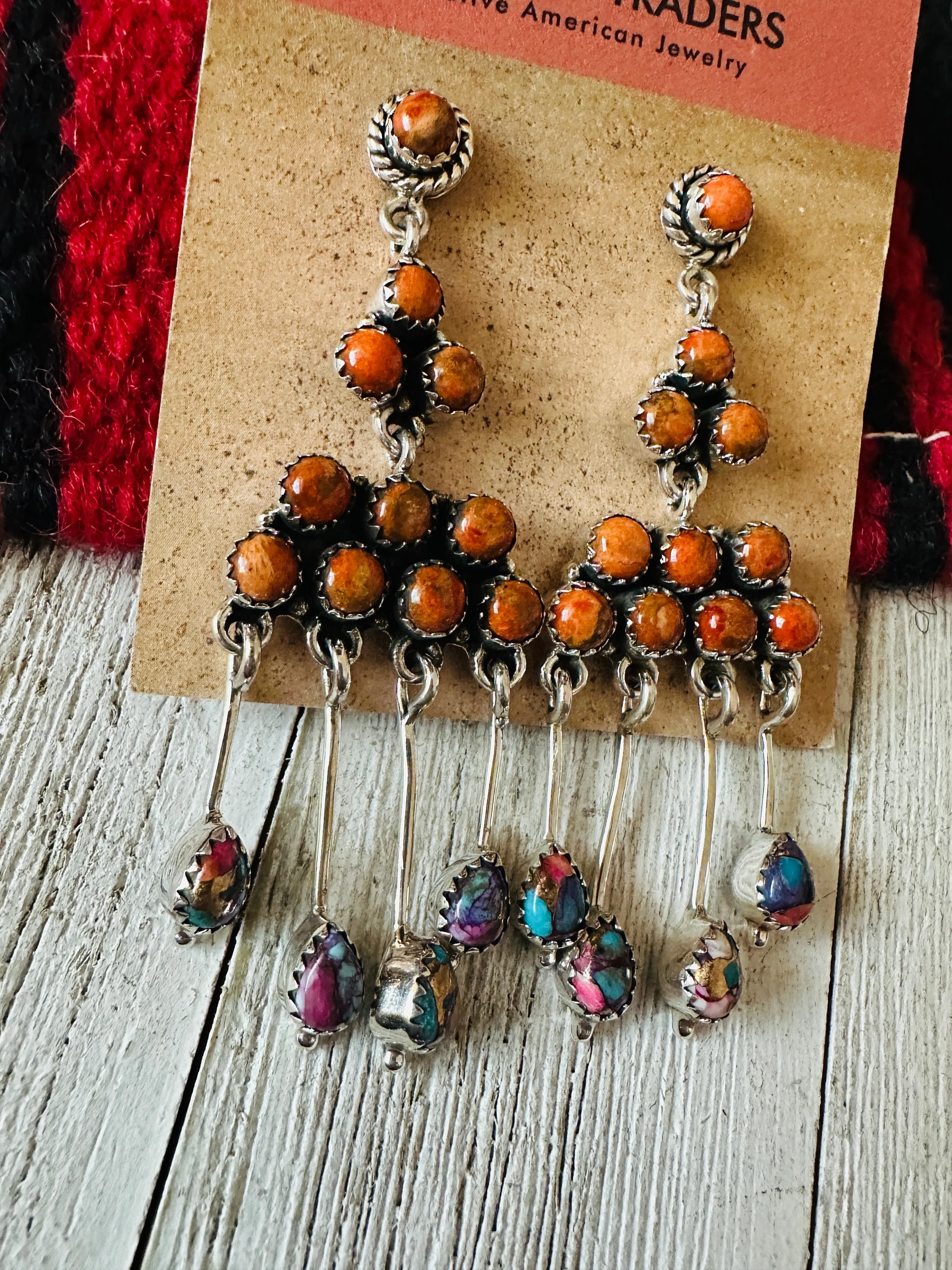 Handmade Orange Spiny, Pink Dream & Sterling Silver Chandelier Dangle Earrings by Nizhoni