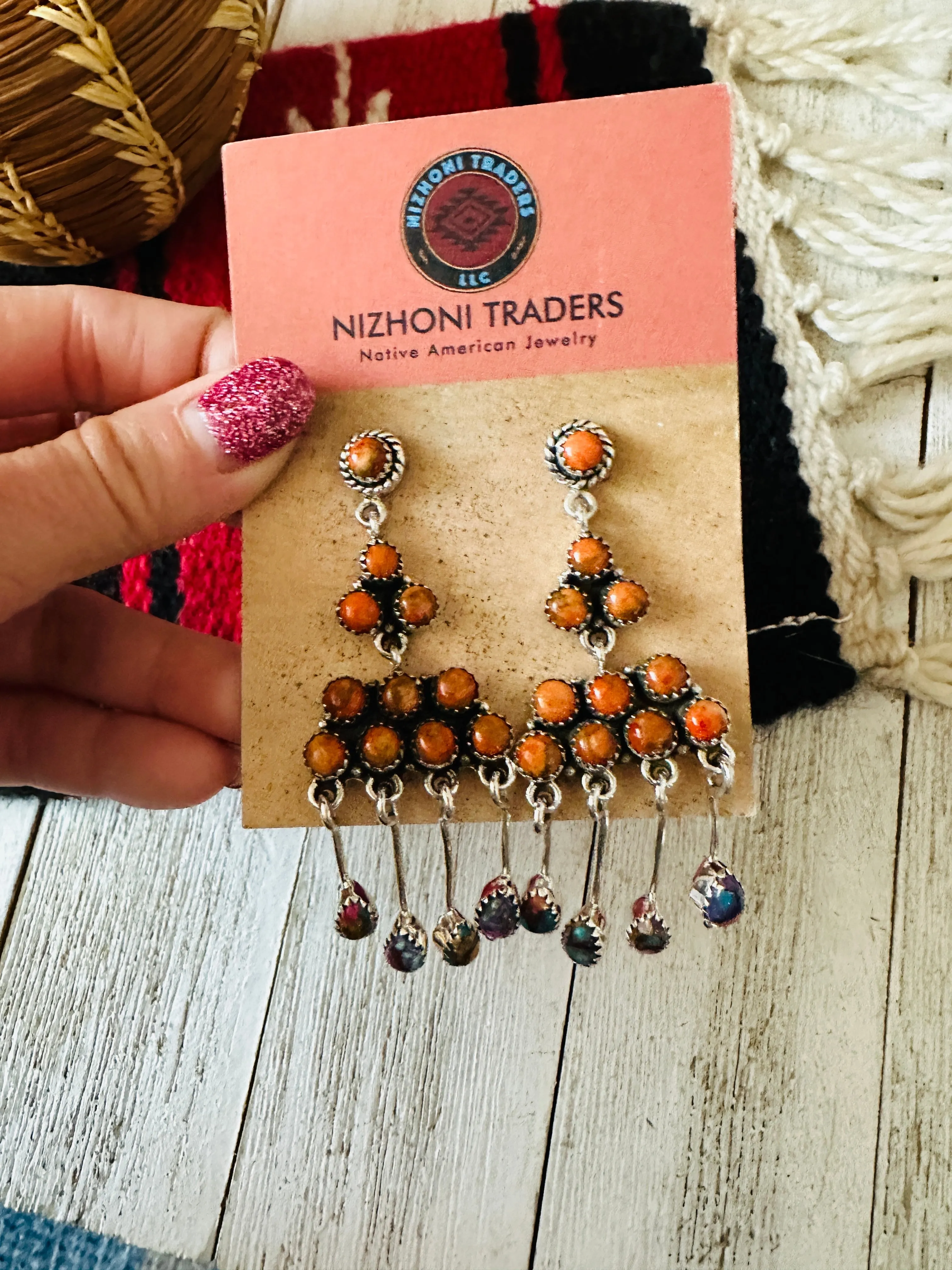 Handmade Orange Spiny, Pink Dream & Sterling Silver Chandelier Dangle Earrings by Nizhoni