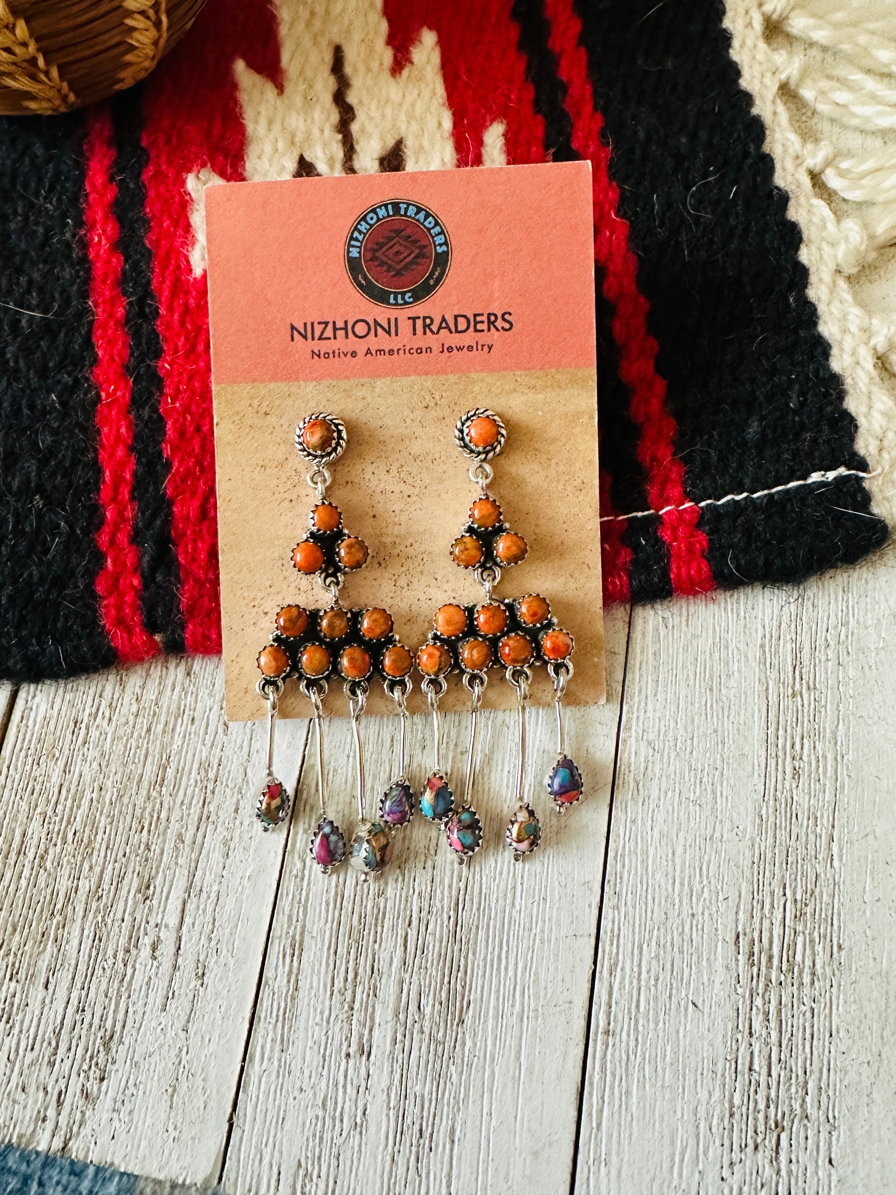 Handmade Orange Spiny, Pink Dream & Sterling Silver Chandelier Dangle Earrings by Nizhoni